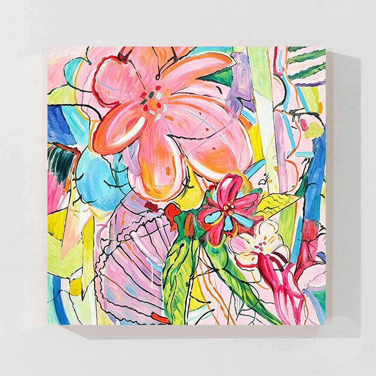 Contemporary botanical artwork with colorful blooms and organic leaf forms
