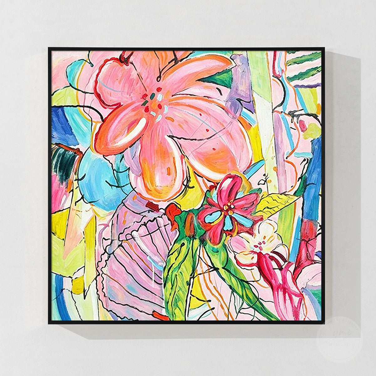 Contemporary floral artwork featuring bright flowers and abstract botanical forms