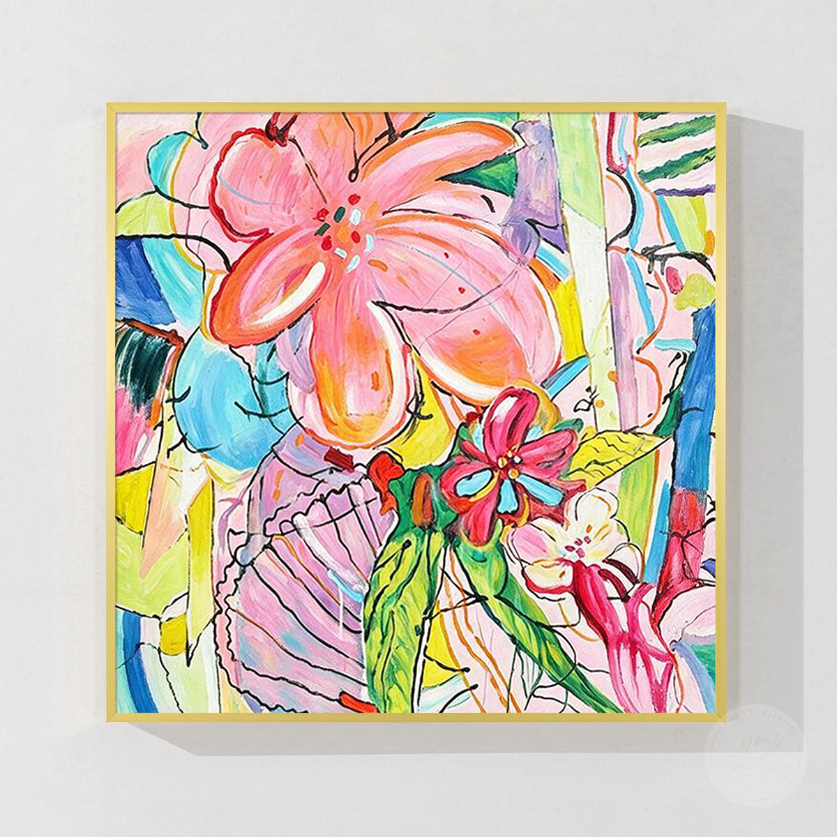 Hand painted style flower artwork with colorful blooms and artistic brushwork