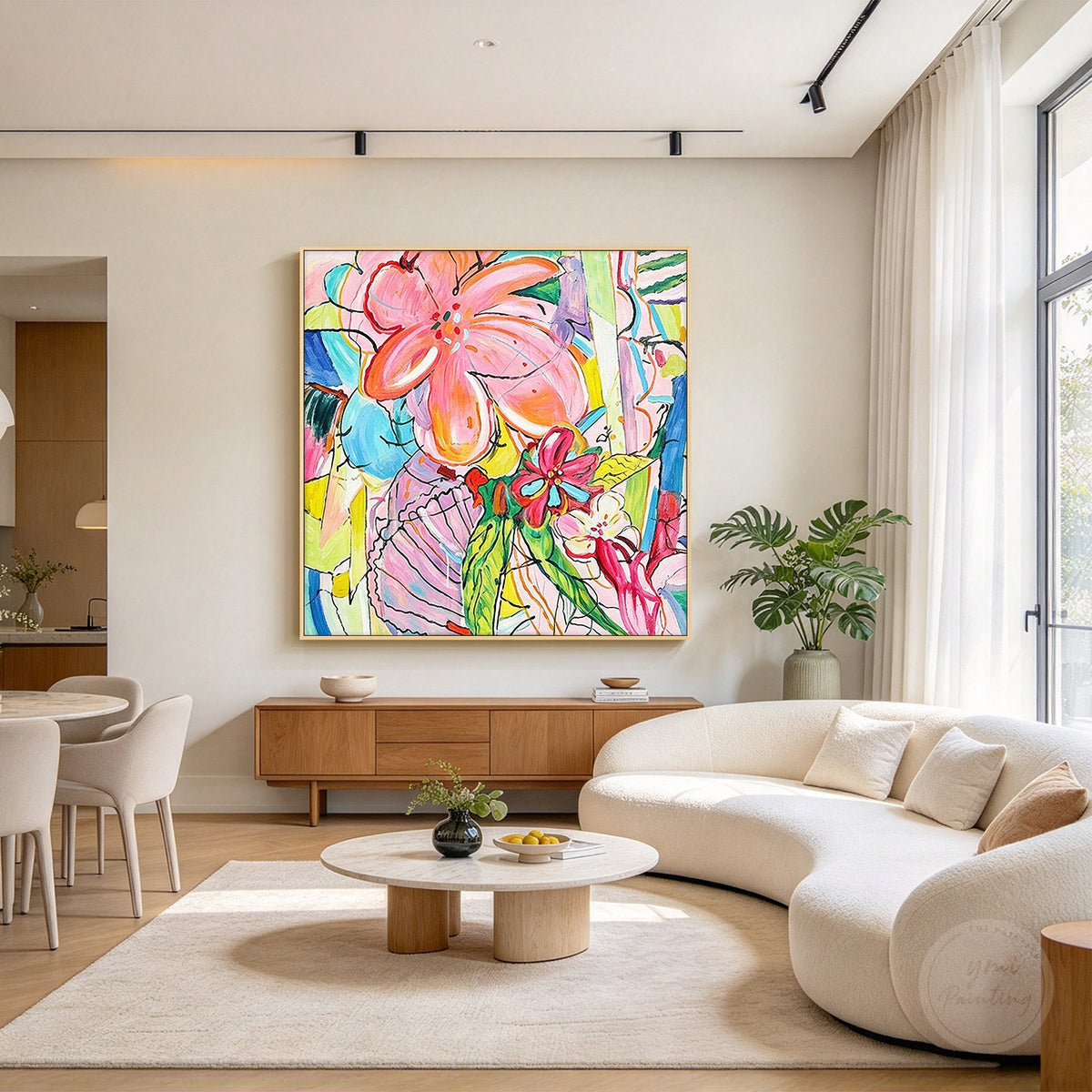 Modern abstract flower painting featuring expressive brush strokes and bright colors