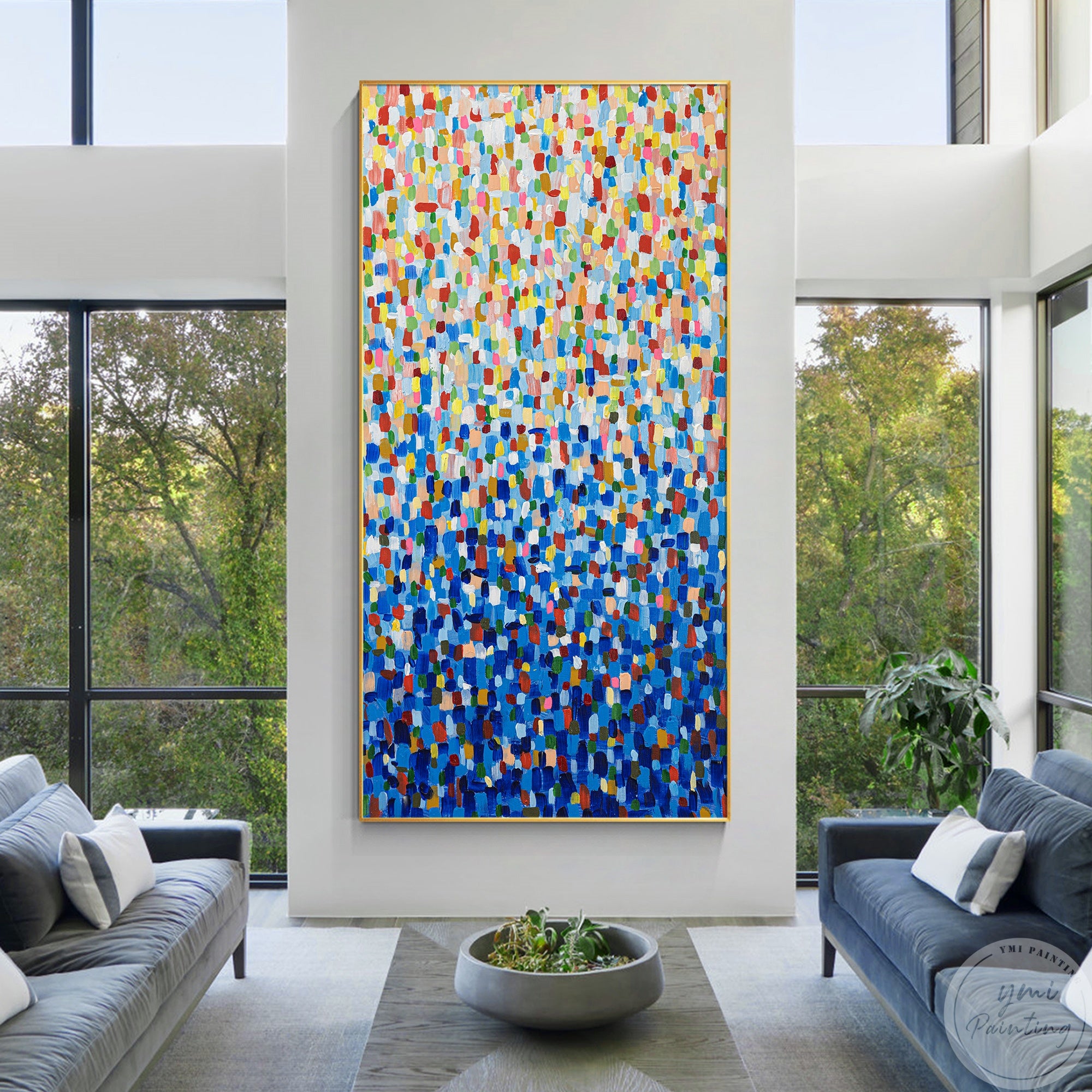 Abstract pixelated art with colorful squares.