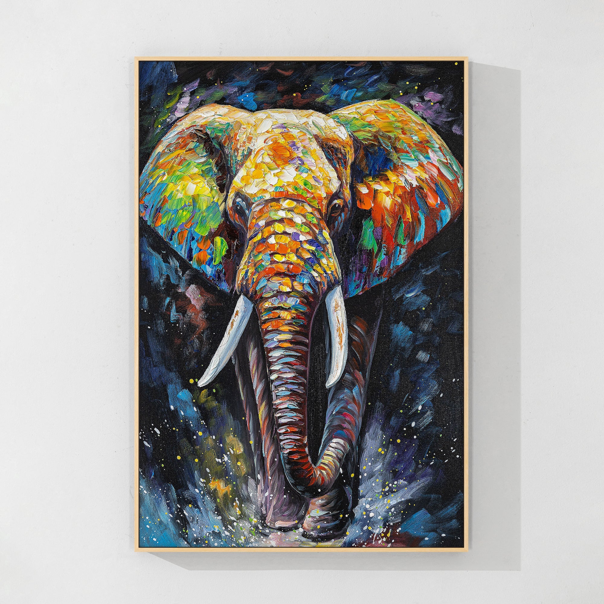 Bold abstract elephant painting with striking colors and textures