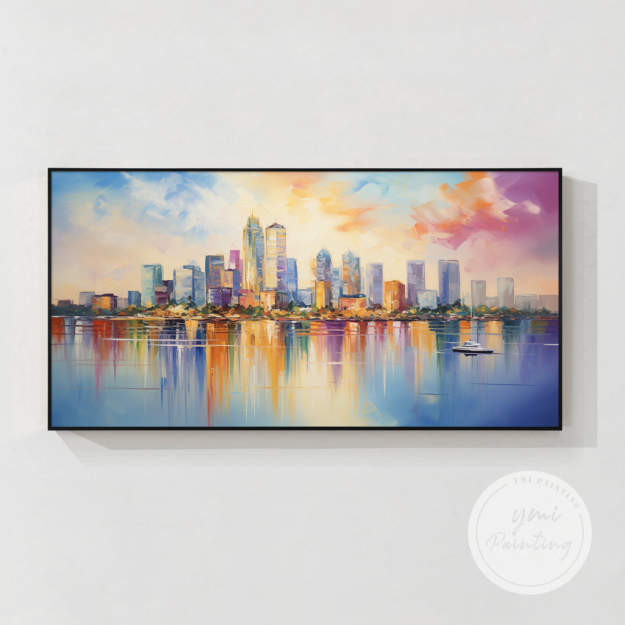 abstract Miami cityscape canvas painting waterfront wall decor in bright living room