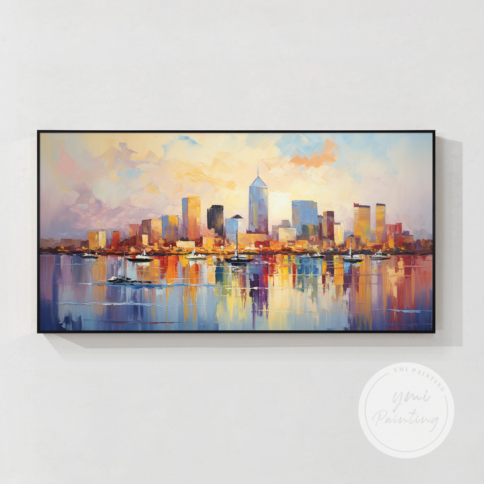 
colorful New Orleans cityscape painting waterfront wall decor in bright living room