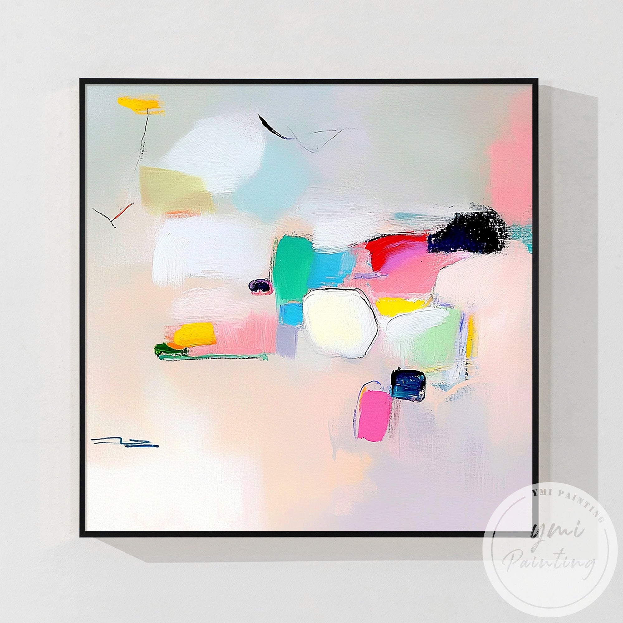 Modern pastel canvas art displayed in elegant dining room