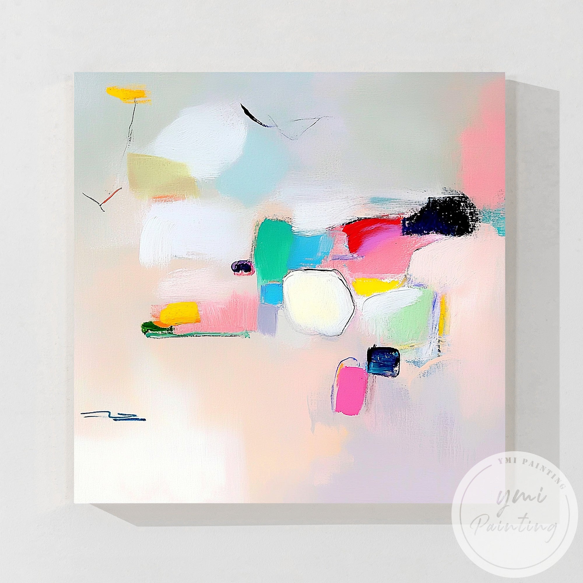 Modern pastel canvas art displayed in elegant dining room