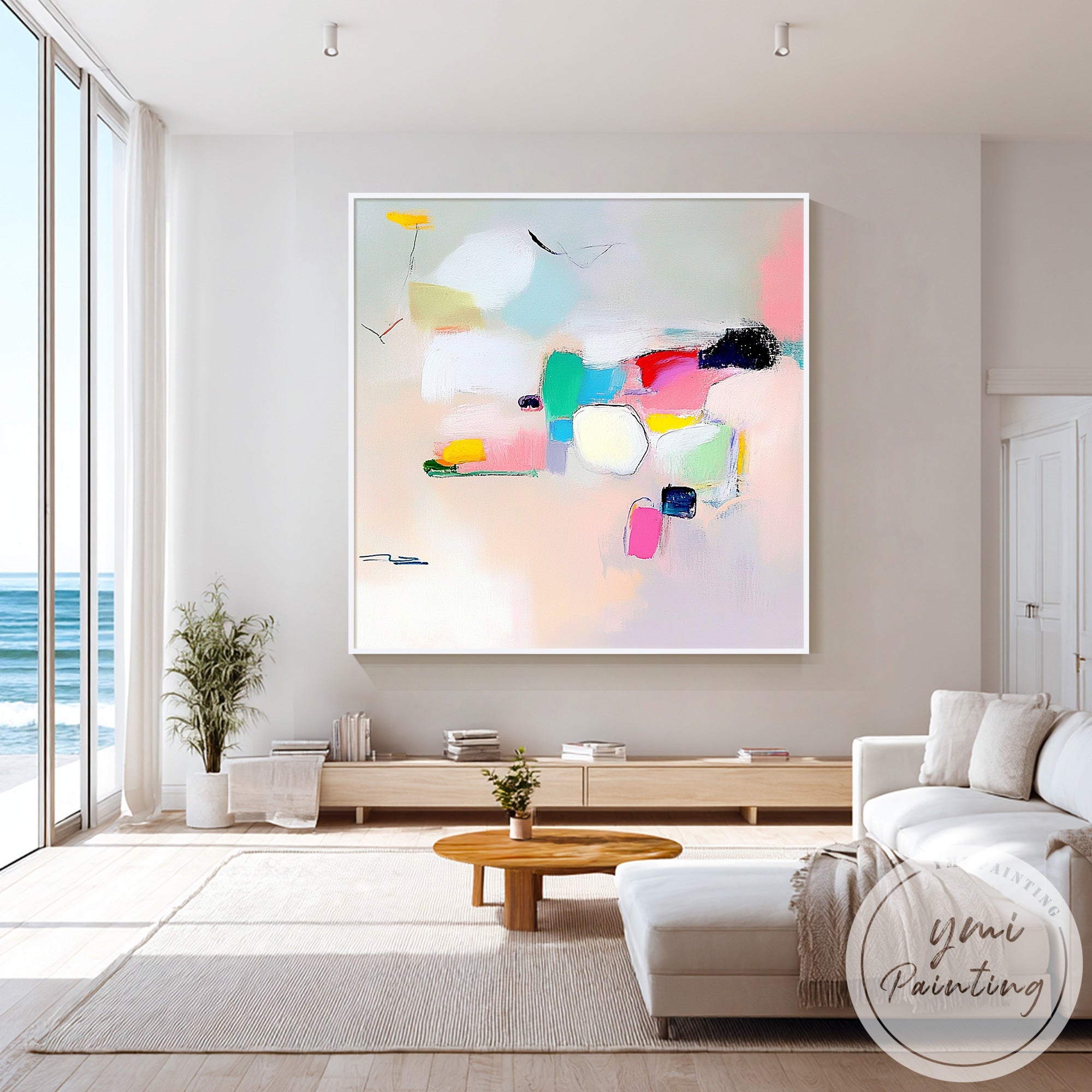 Modern pastel canvas art displayed in elegant dining room