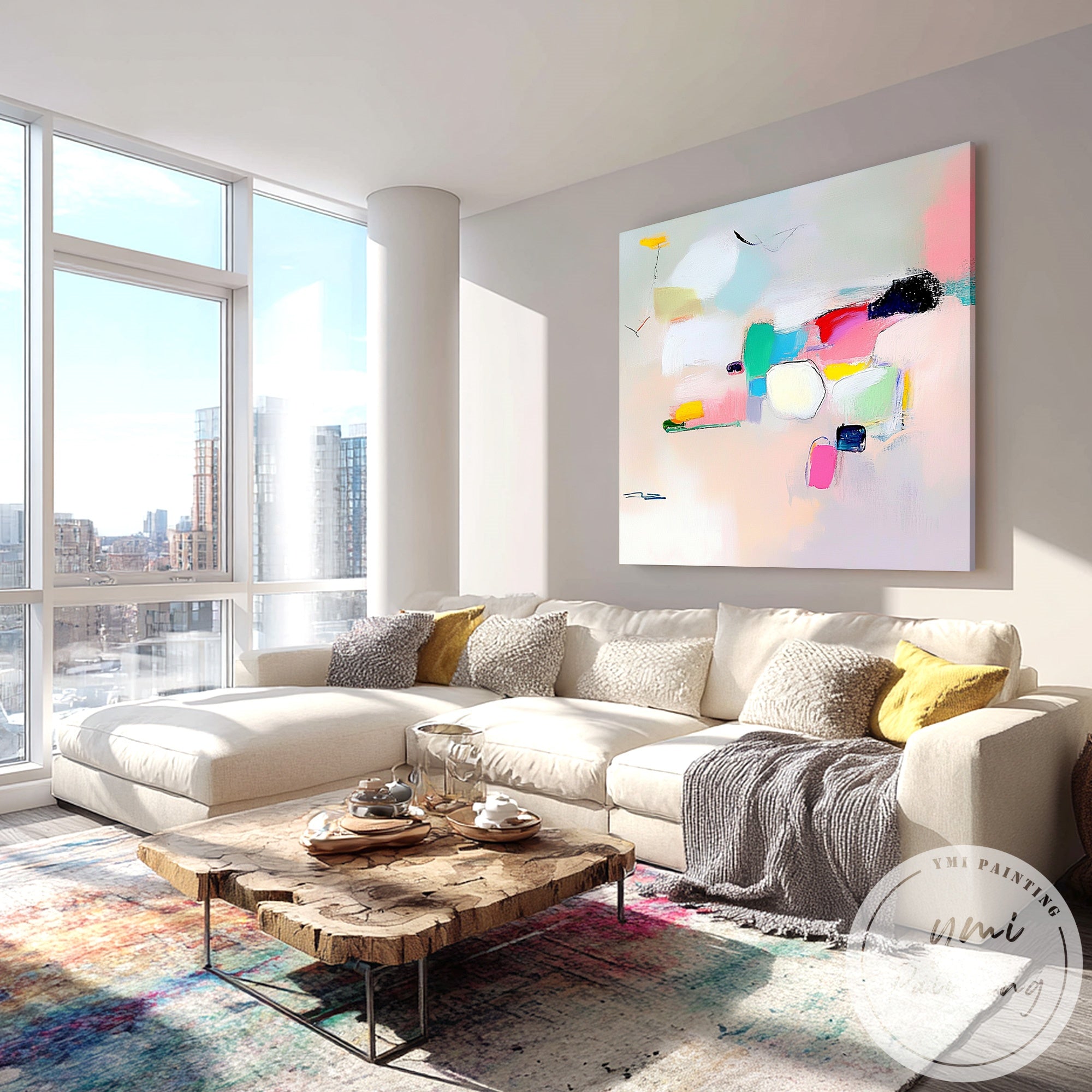 Soft colorful abstract wall decor in modern open living space