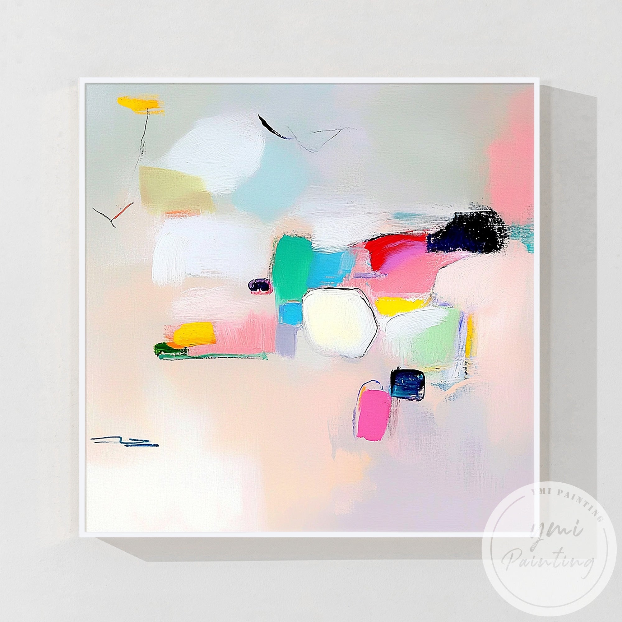 Modern pastel canvas art displayed in elegant dining room