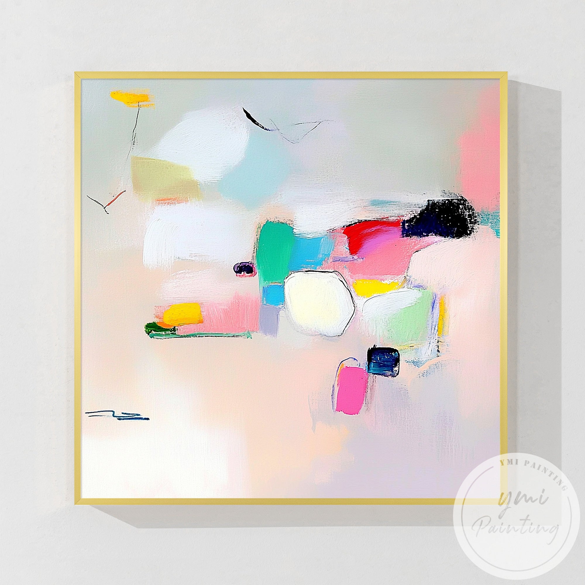 Colorful pastel abstract wall art in bright modern living room