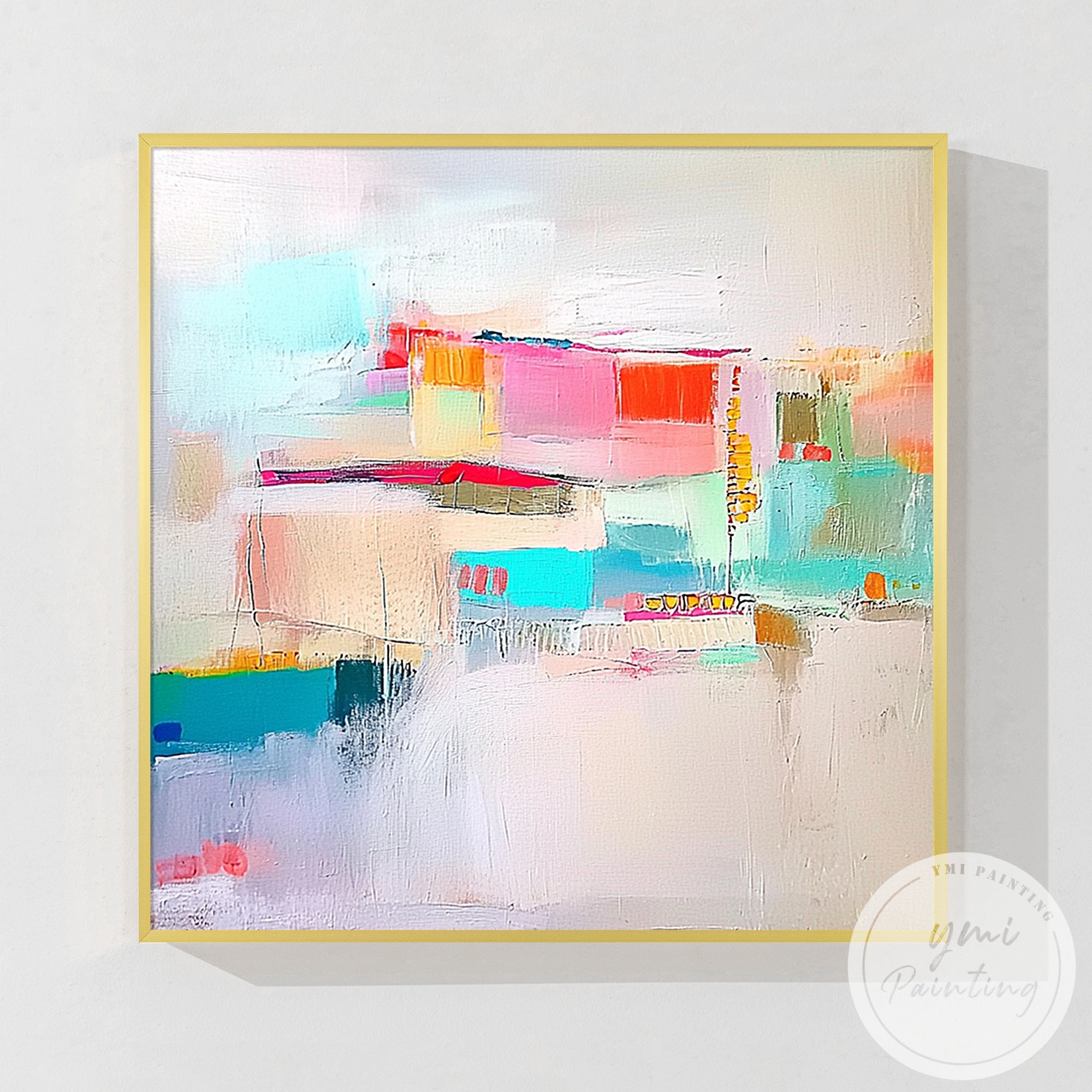 Colorful pastel abstract wall art above modern white living room sofa