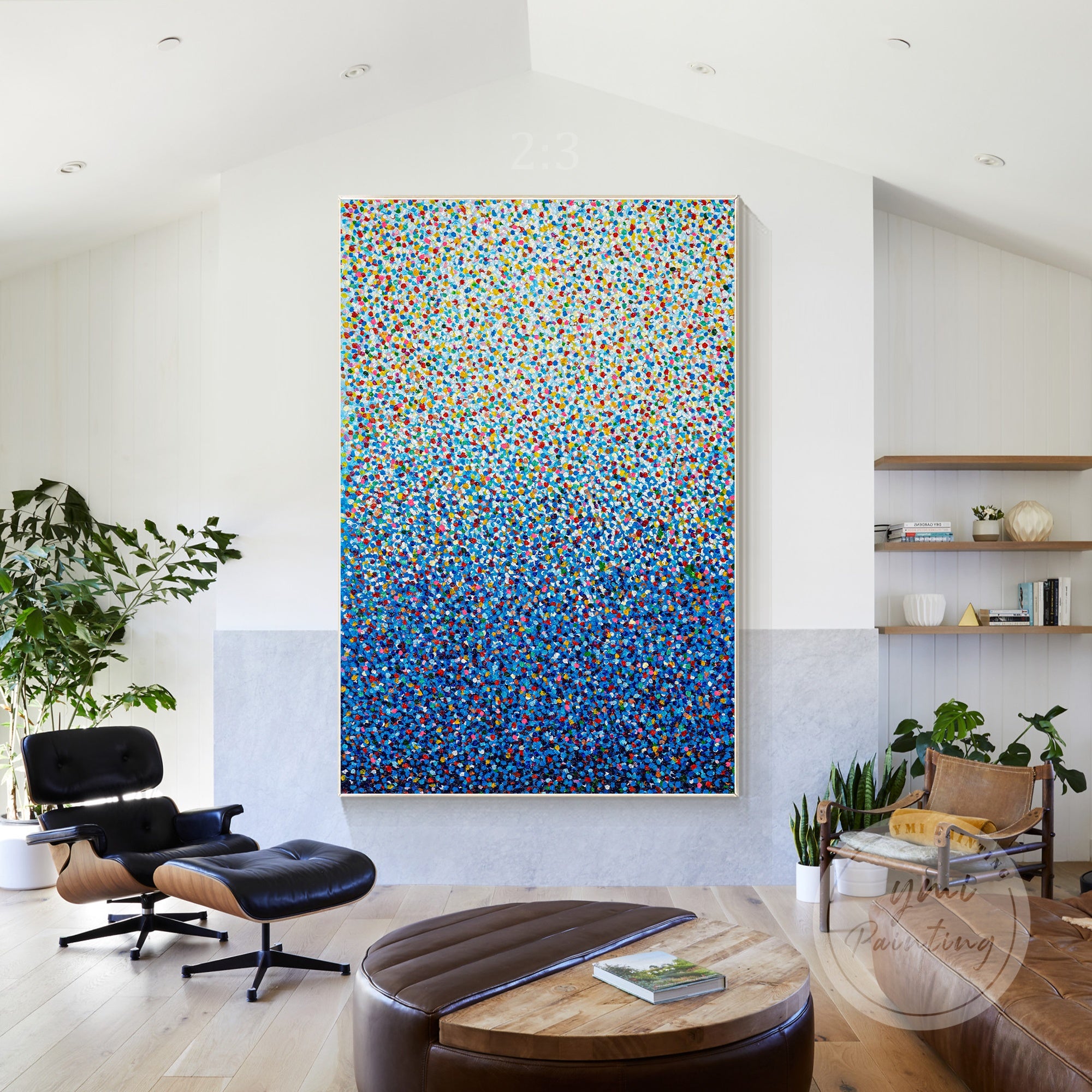 Large colorful abstract painting of ocean and sky