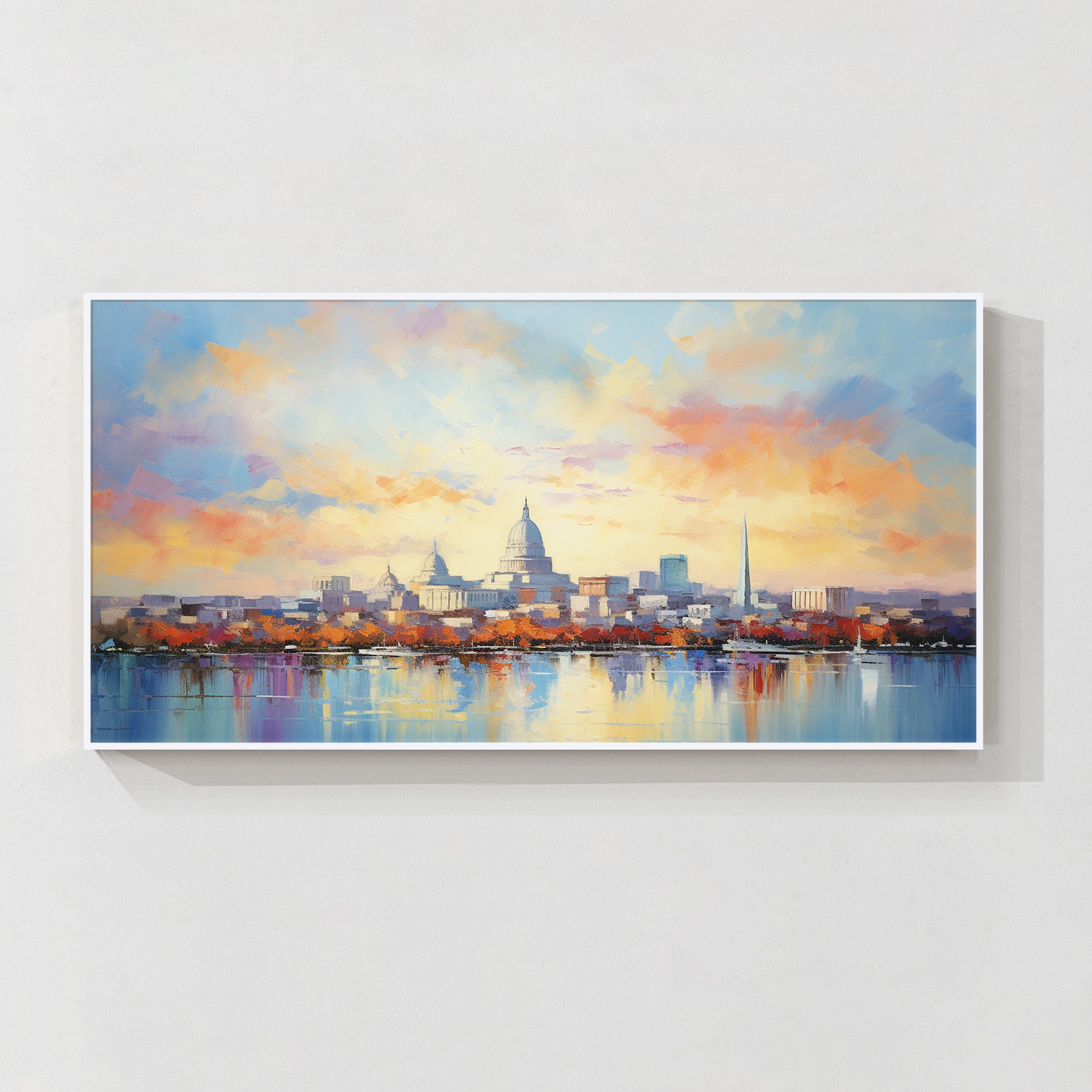 
Washington DC skyline canvas art with colorful sky reflection in bright living room