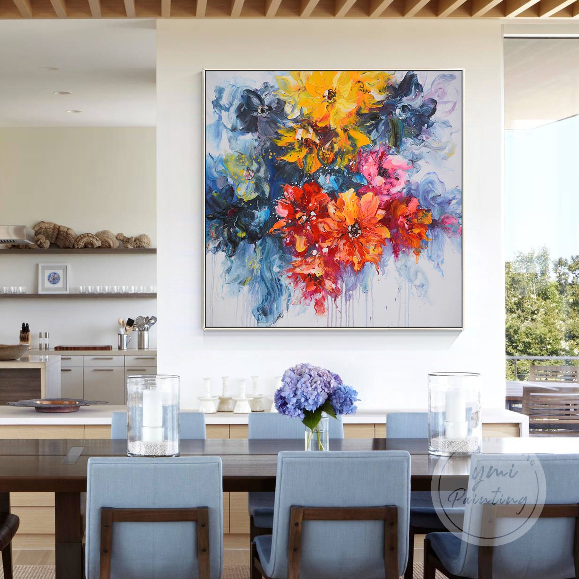 Create a warm, inviting atmosphere with this vibrant flower painting, featuring bold reds, yellows, and artistic texture for a lively touch.