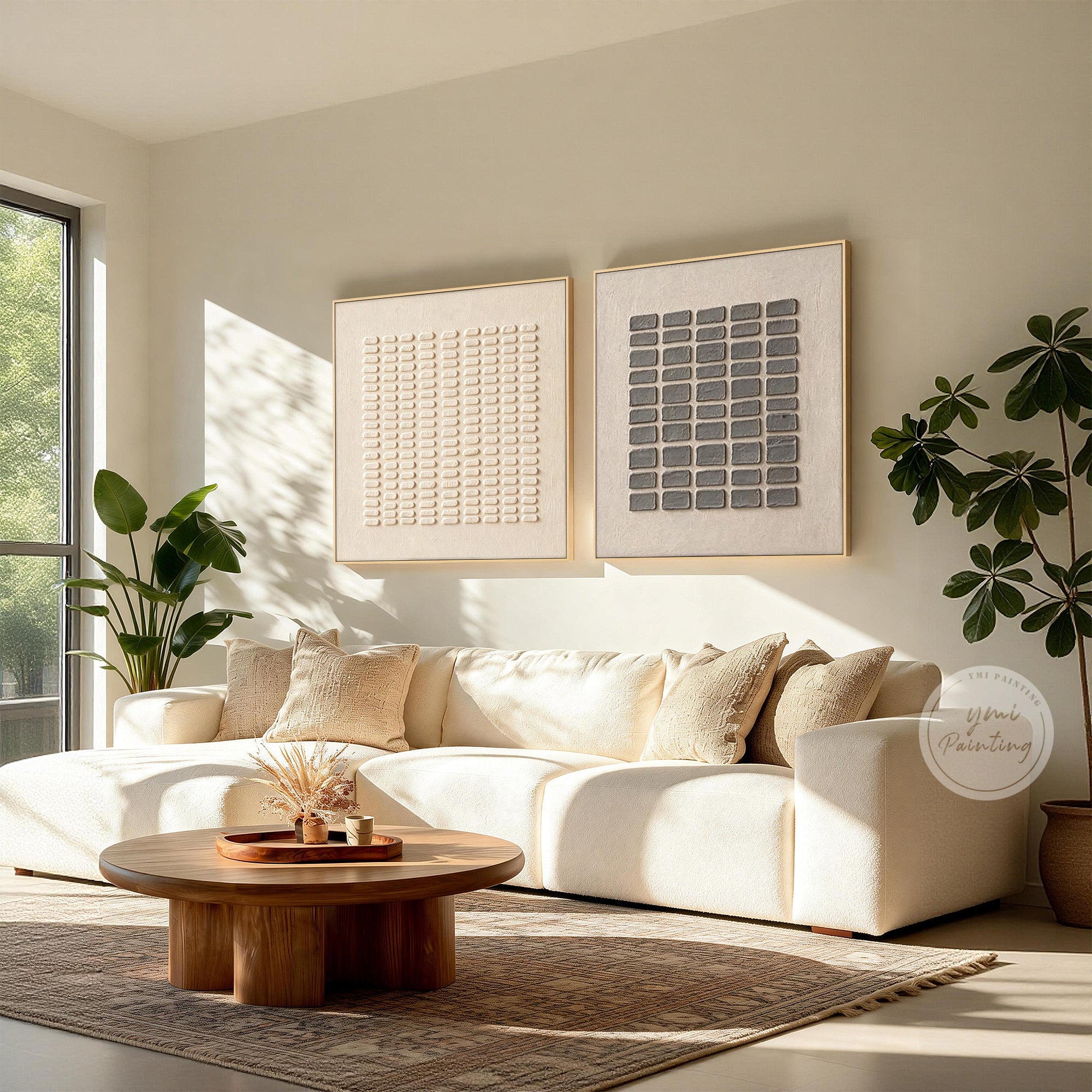 Beige and grey minimalist relief artwork panels