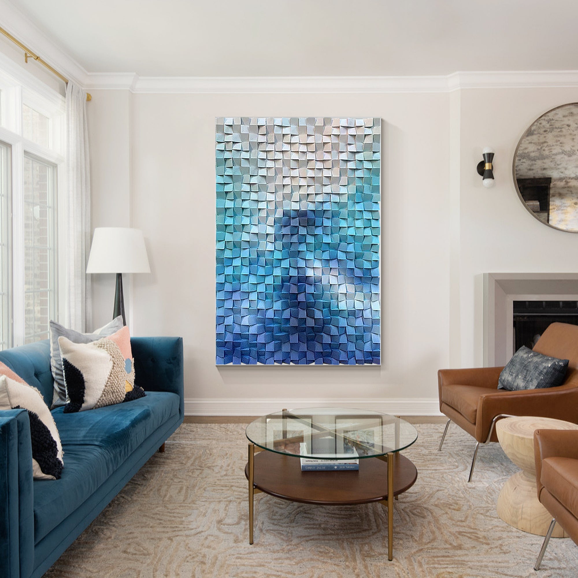 Sophisticated abstract wood art with geometric tiles in blue and white tones, emphasizing contemporary living room design.