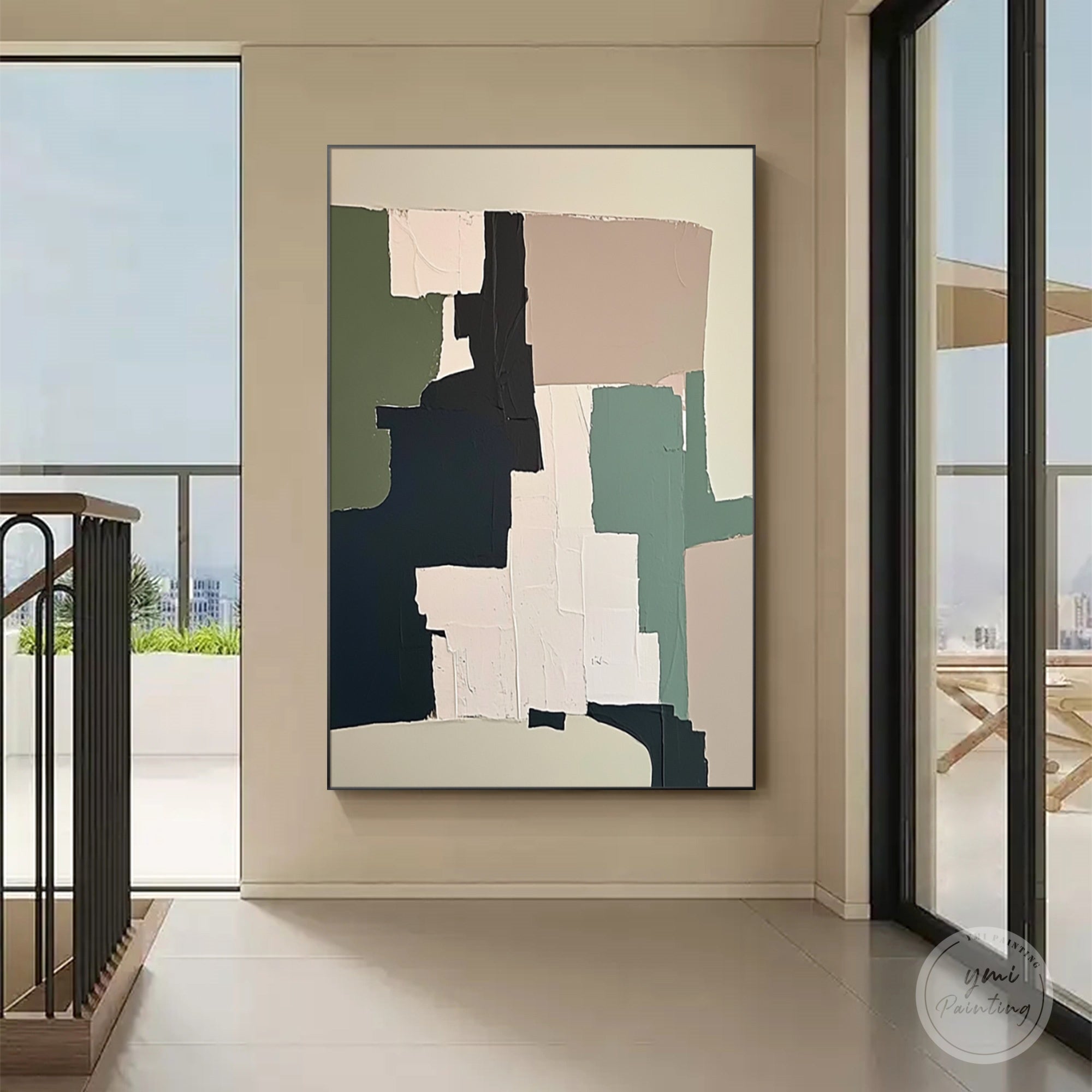 Contemporary canvas wall art featured along a residential hallway
