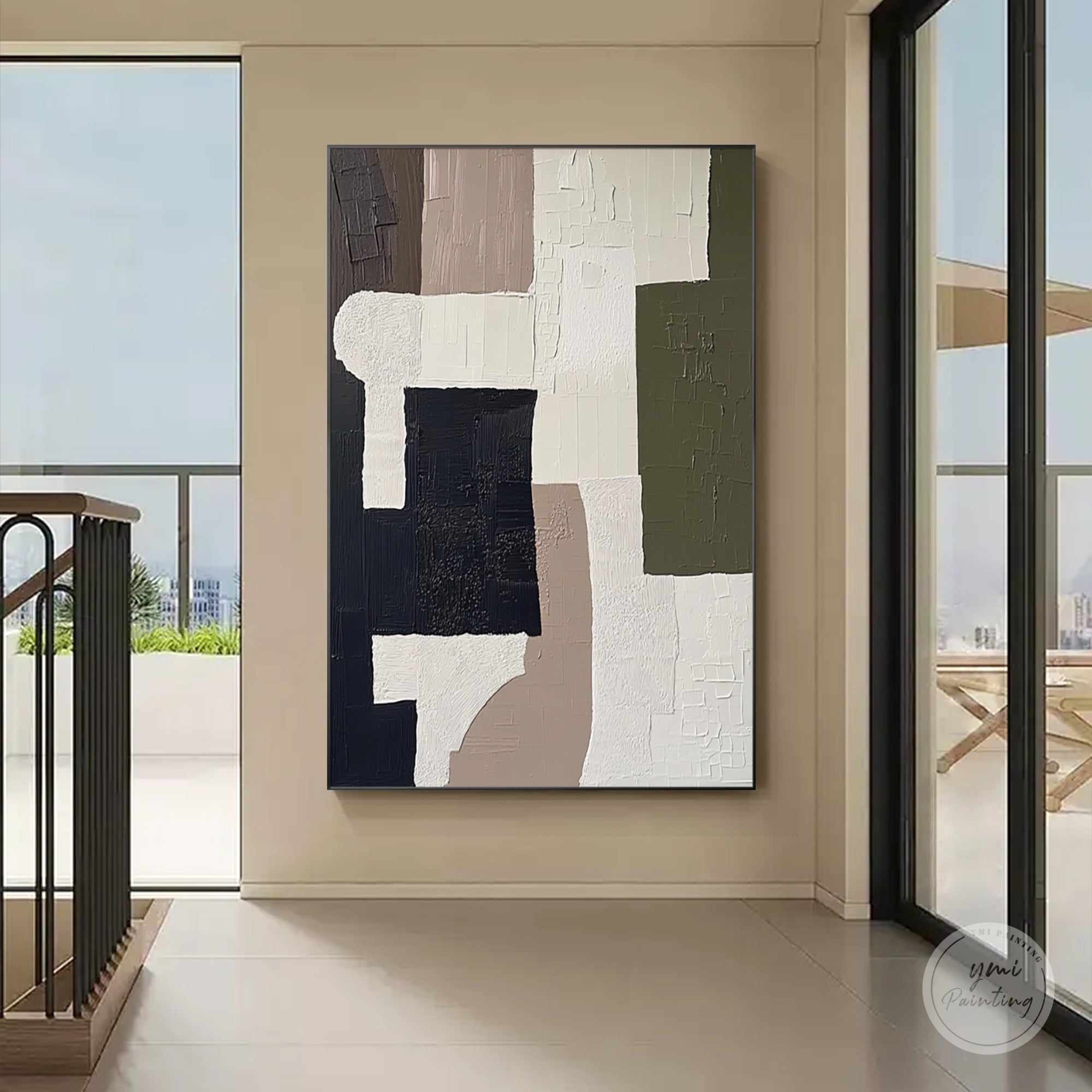 Contemporary abstract canvas wall art placed along a residential hallway