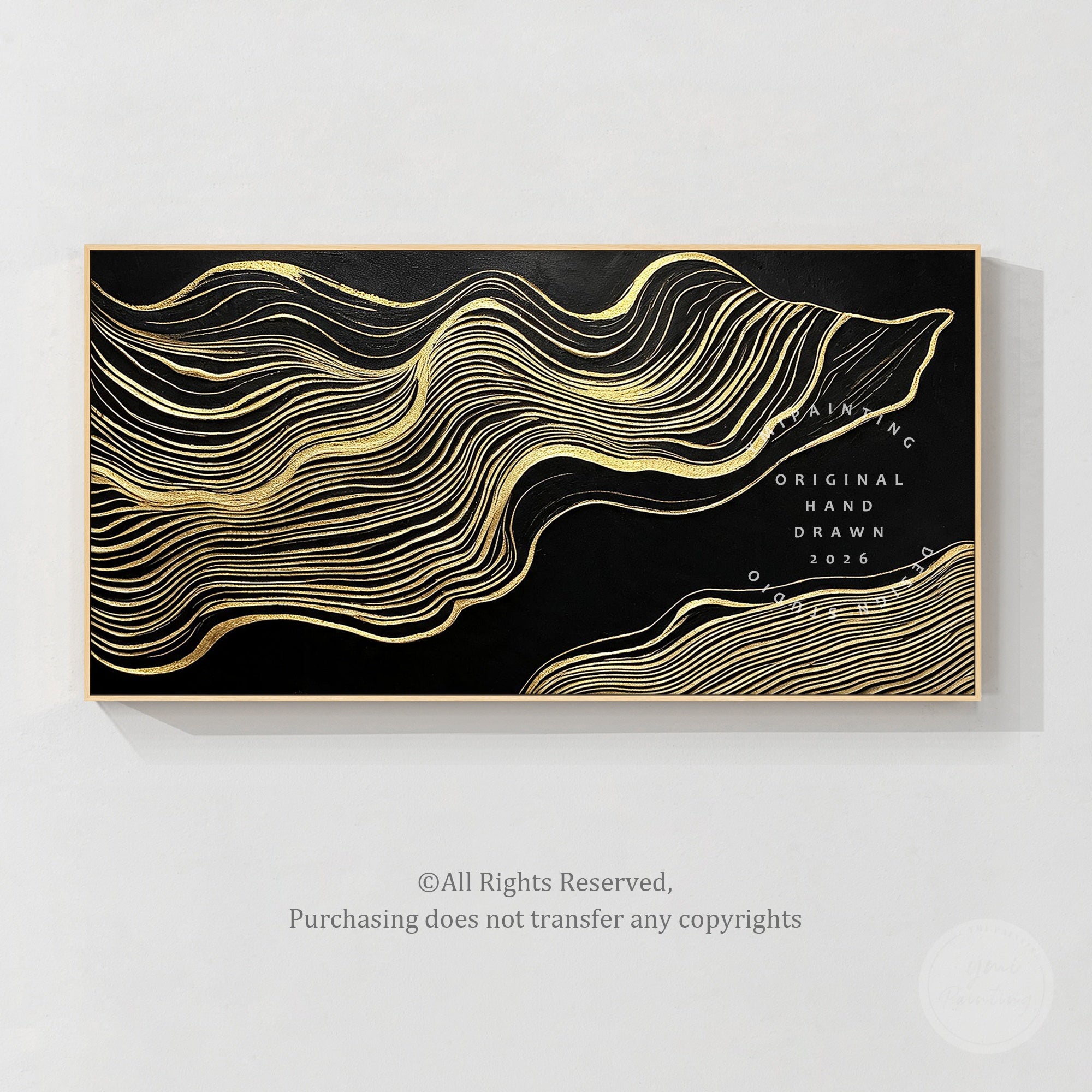 Abstract organic curve line painting with gold accents