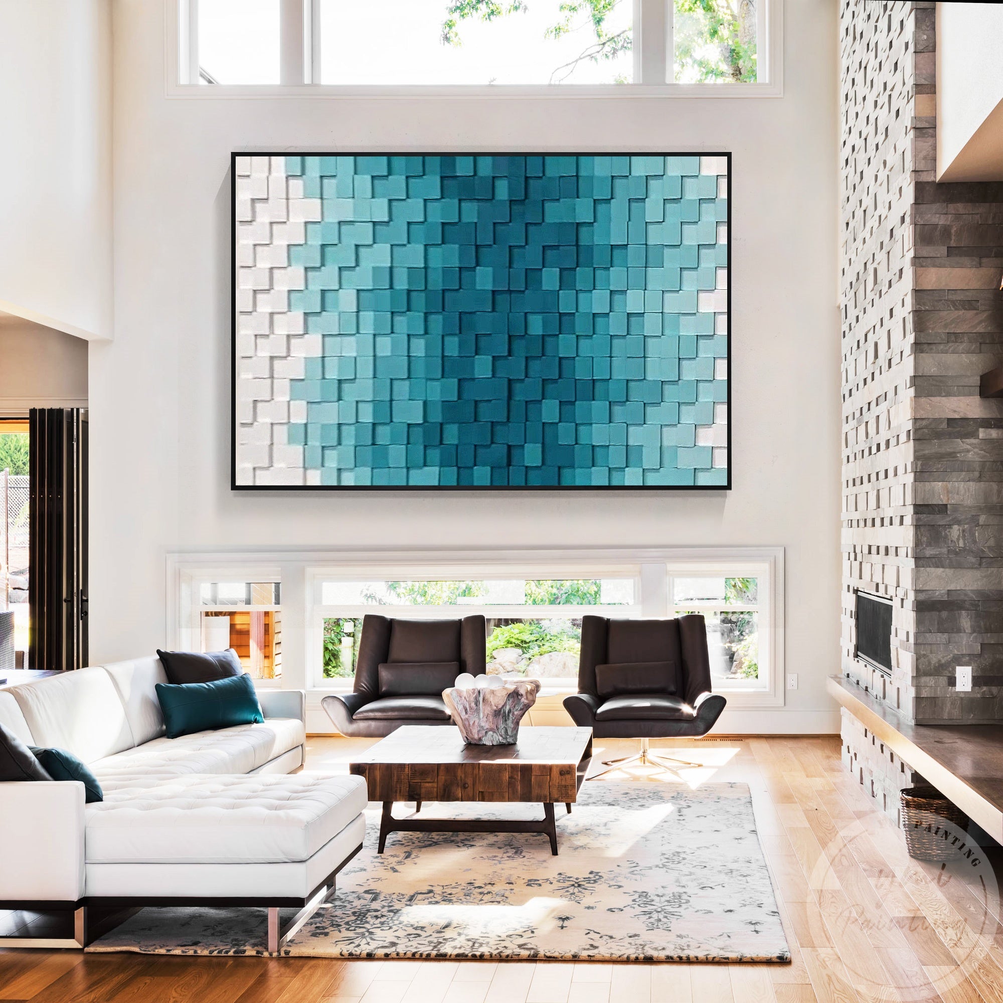 Abstract blue and teal square painting in a white backdrop, adding elegance to a contemporary master bedroom.
