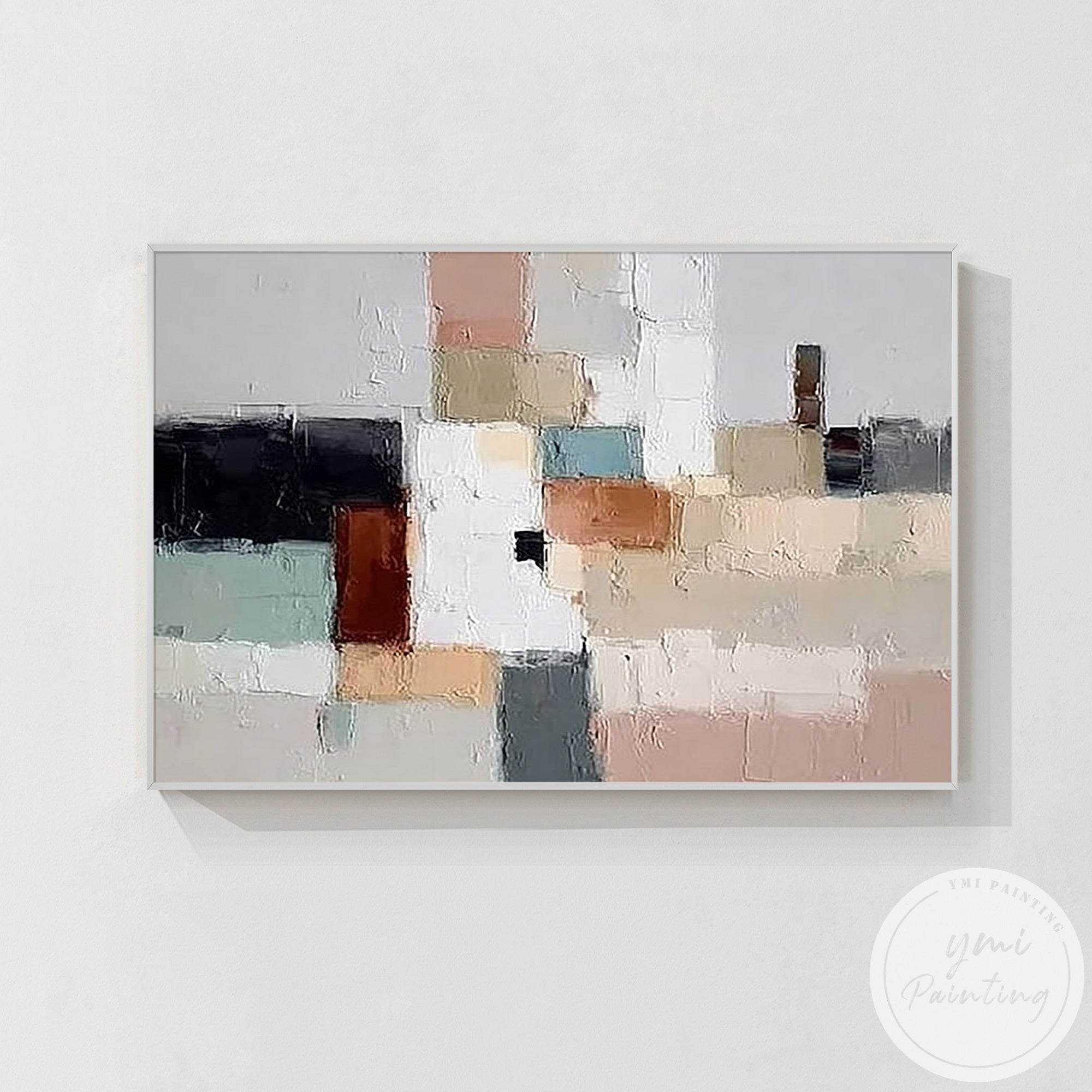 Textured neutral geometric painting paired with natural wood furniture