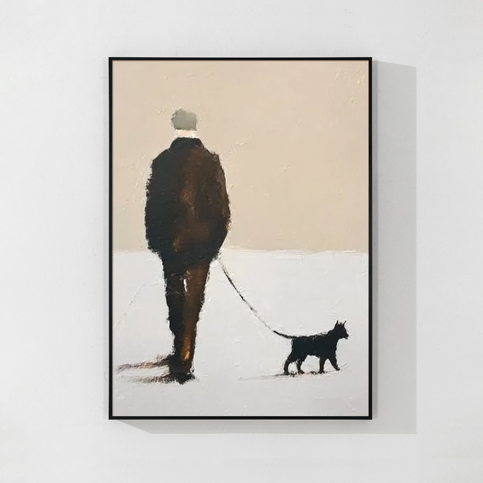Minimalist wall art of person walking a dog in a living room.
