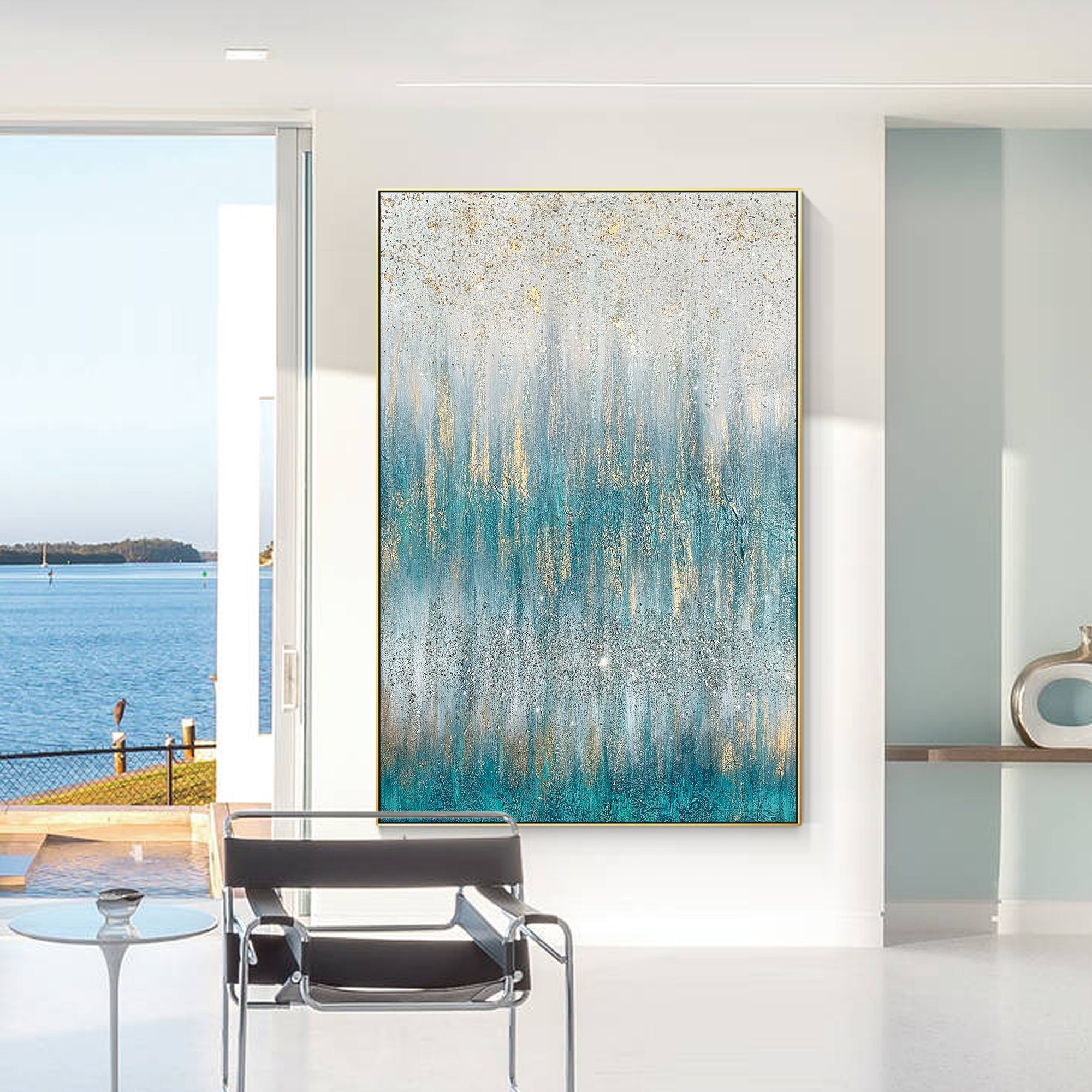 Textured abstract painting combining teal and gold colors