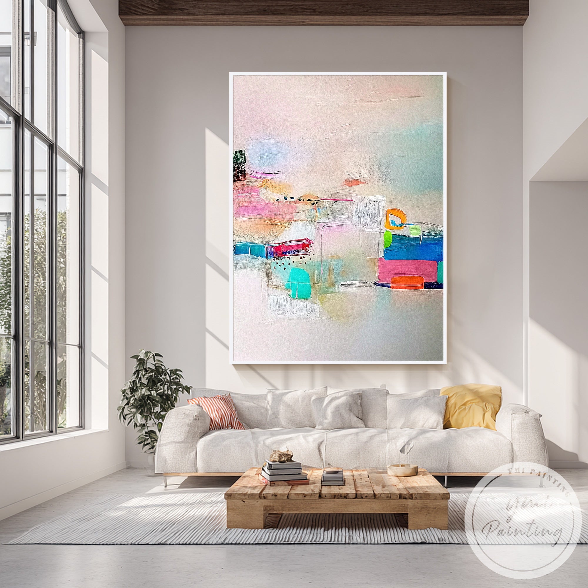 Textured modern canvas painting with bright abstract accents