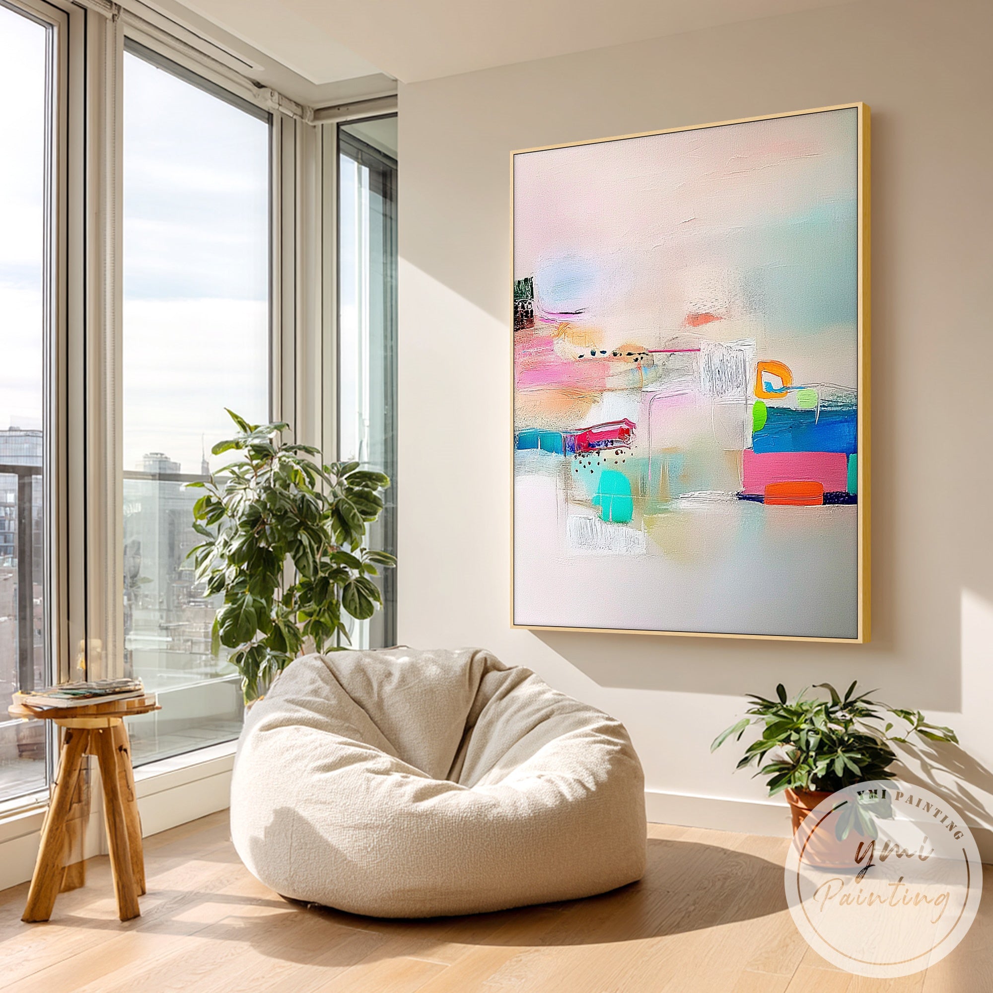 Hand painted textured abstract canvas in soft pastel tones