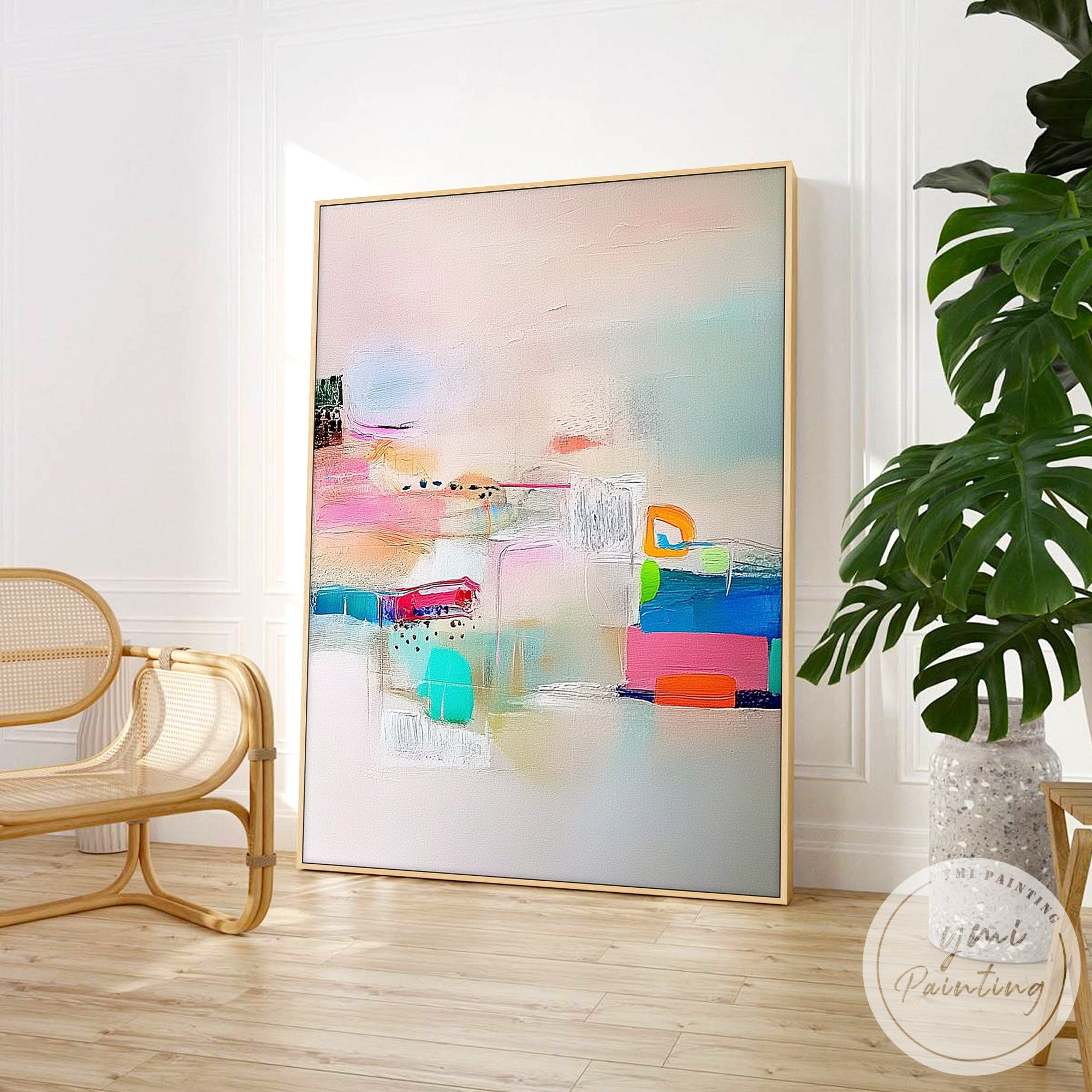 Modern abstract painting with turquoise pink and orange details