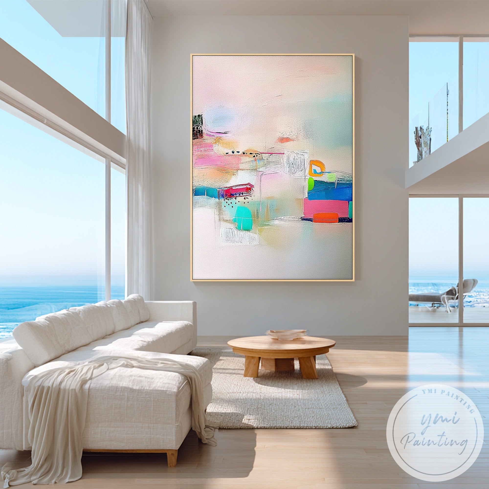 Large contemporary pastel color block artwork on canvas