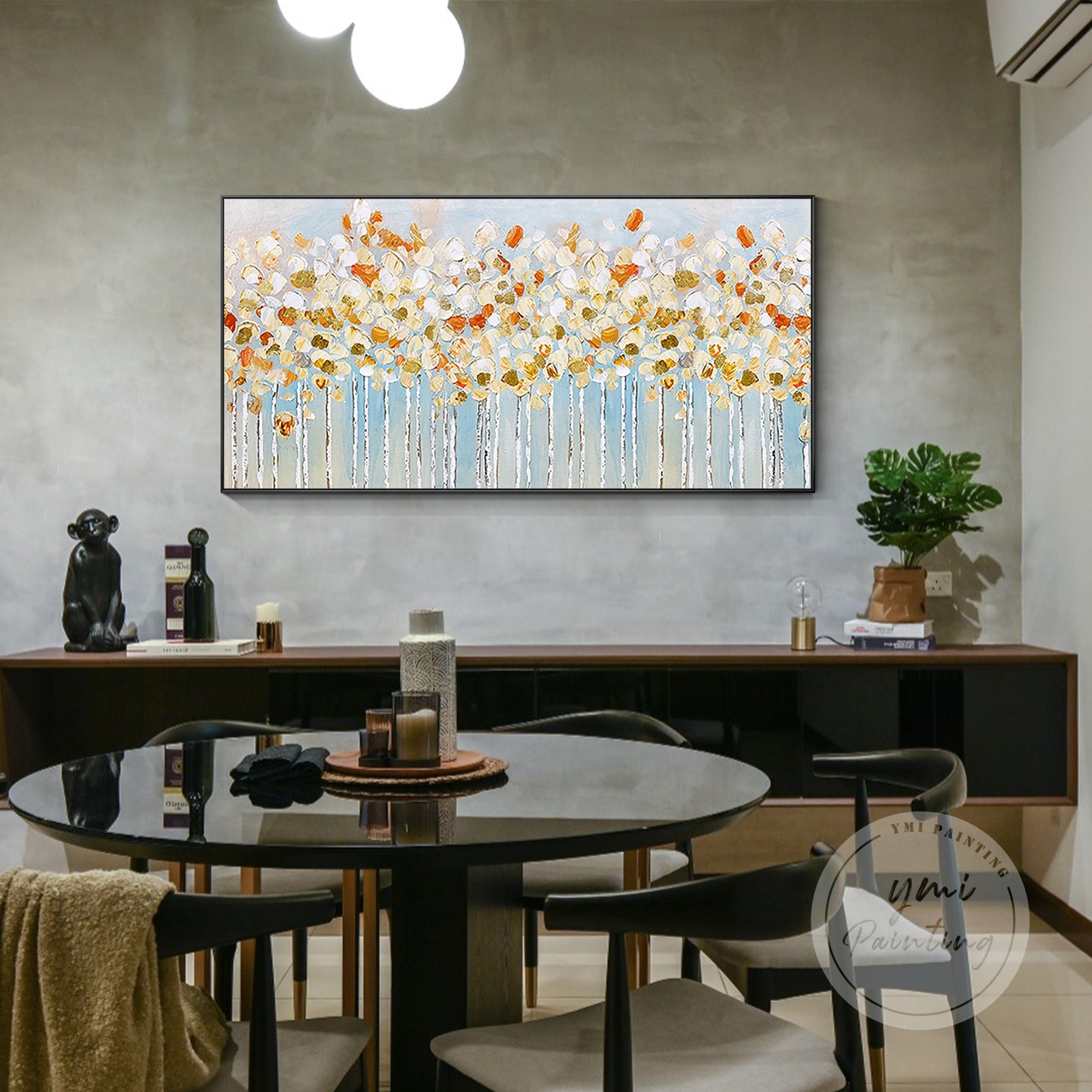 This contemporary birch tree wall painting, with its soft colors and elegant design, adds a touch of sophistication and tranquility to bedroom decor.