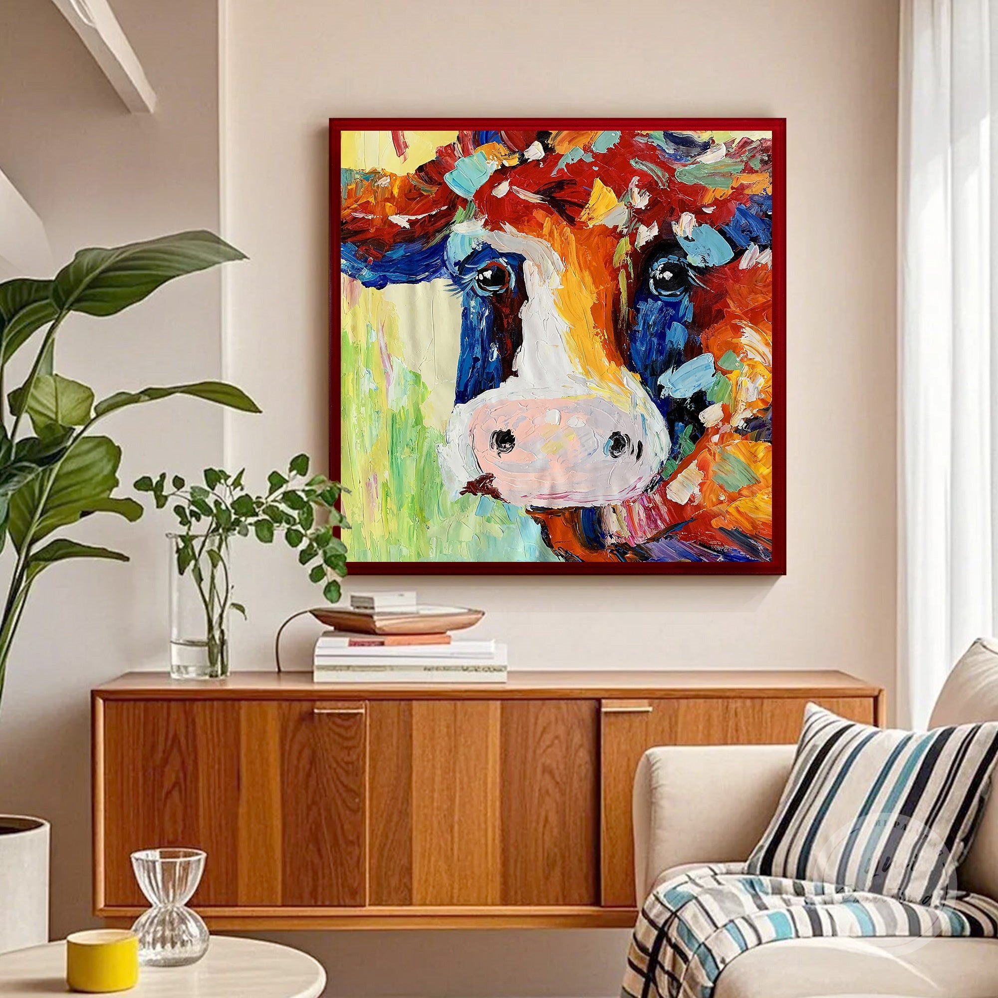 Hand-painted cow art canvas presented in a premium frame box for a gallery-style display.