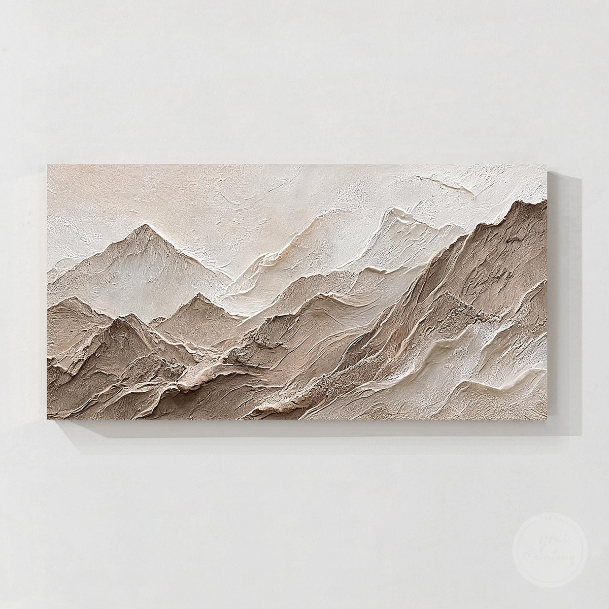 Neutral mountain landscape painting with layered peaks