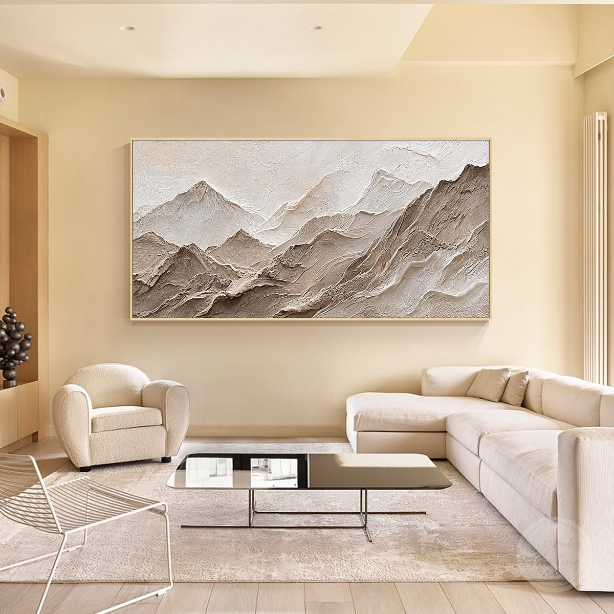 Modern neutral landscape canvas with rugged mountain ridges