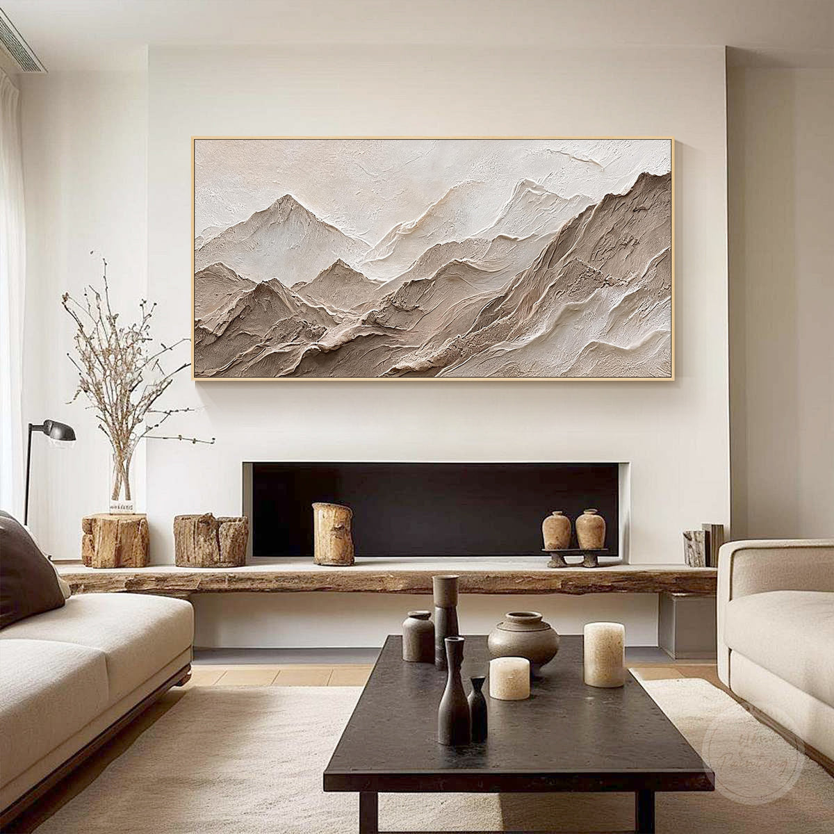 Panoramic mountain landscape with raised paint texture
