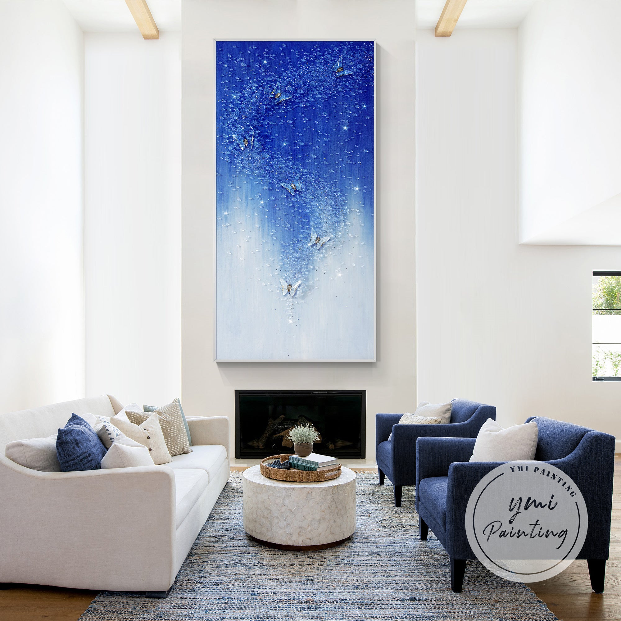 Textured resin canvas with shimmering blue details
