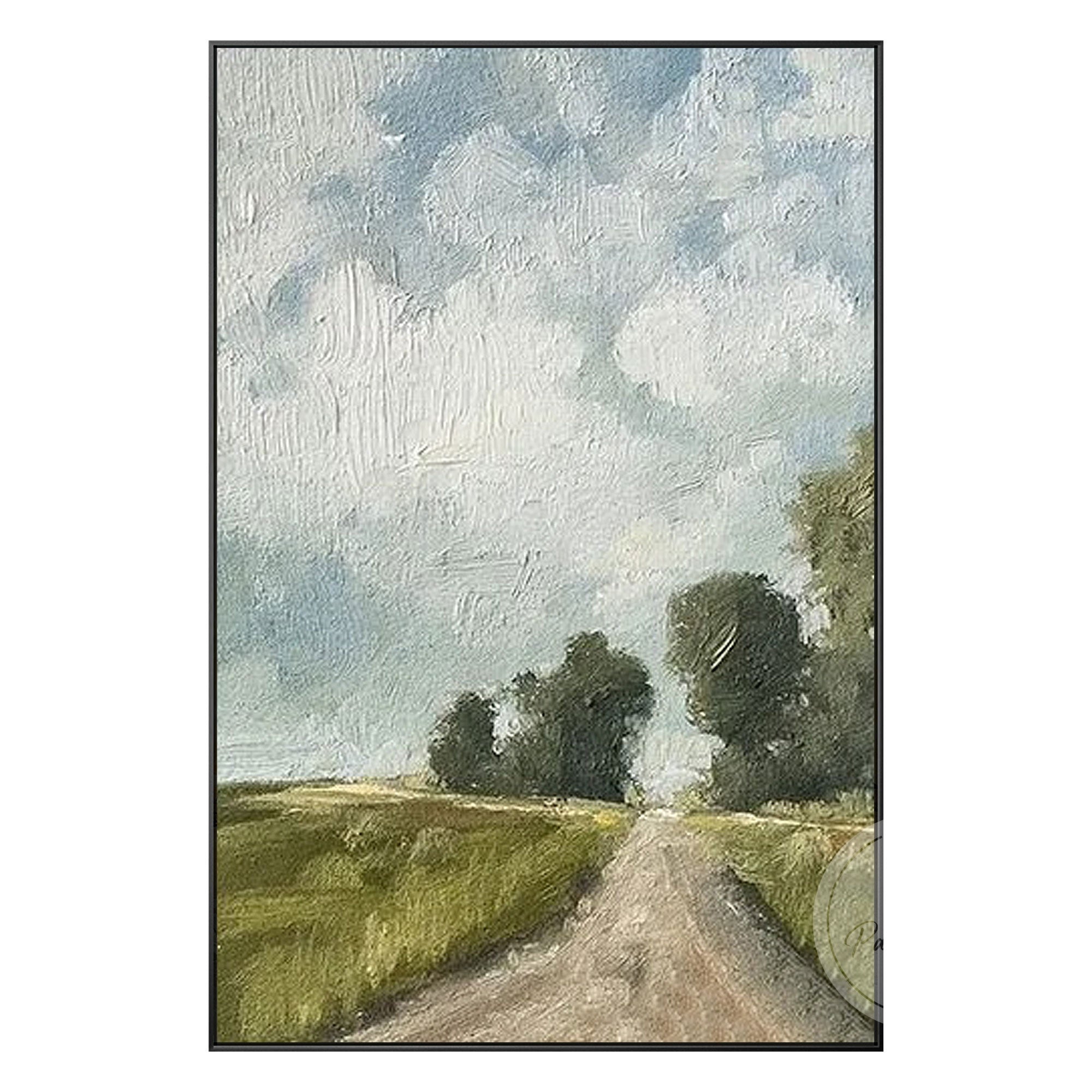 Impasto technique country road painting with green fields and soft sky