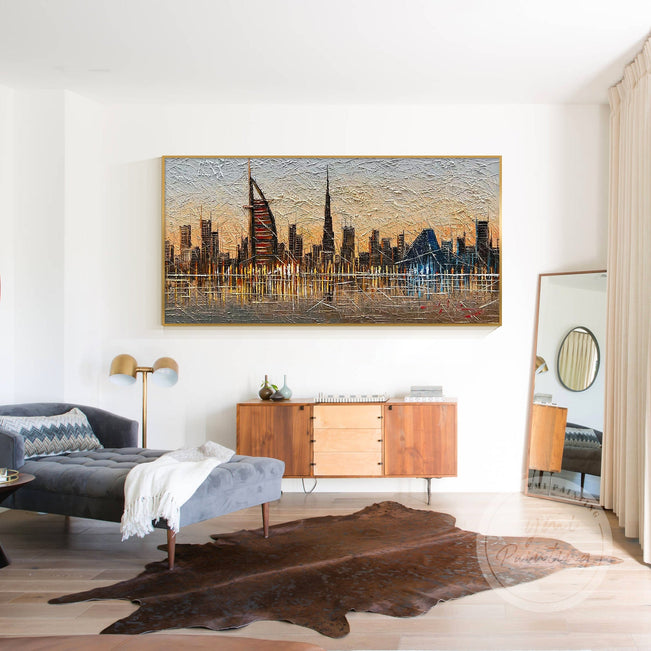 Original Dubai wall art featuring the iconic Burj Khalifa and Al Fahidi Tower, captured in a stunning 3D textured design that brings the city’s skyline to life.