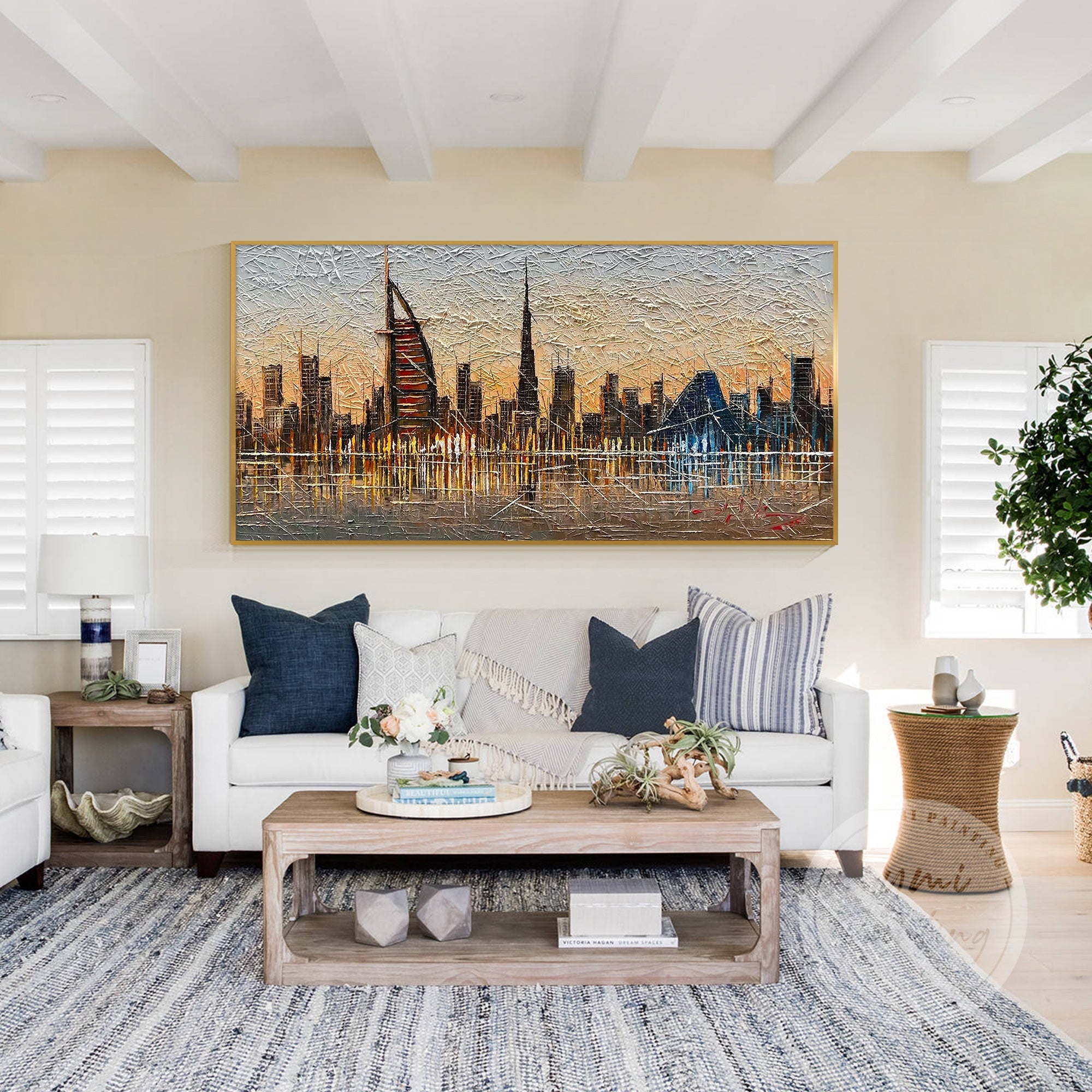 Large framed Dubai wall art showcasing Burj Khalifa and Al Fahidi Tower, with rich textures and modern details to add an urban touch to your space.
