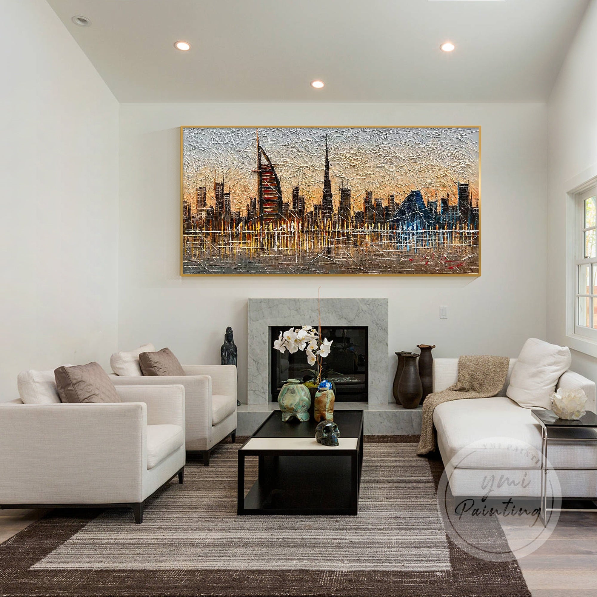 3D textured Dubai cityscape art, featuring the majestic Burj Khalifa and the historic Al Fahidi Tower, perfect for contemporary office or living room decor.