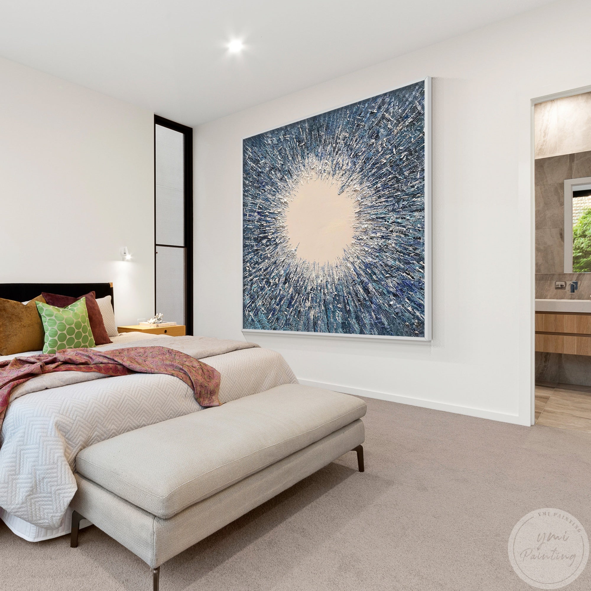 Abstract expressionist artwork featuring navy blue, silver, and light beige, evoking feeling of bursting , adding sophisticated energy to modern spaces.