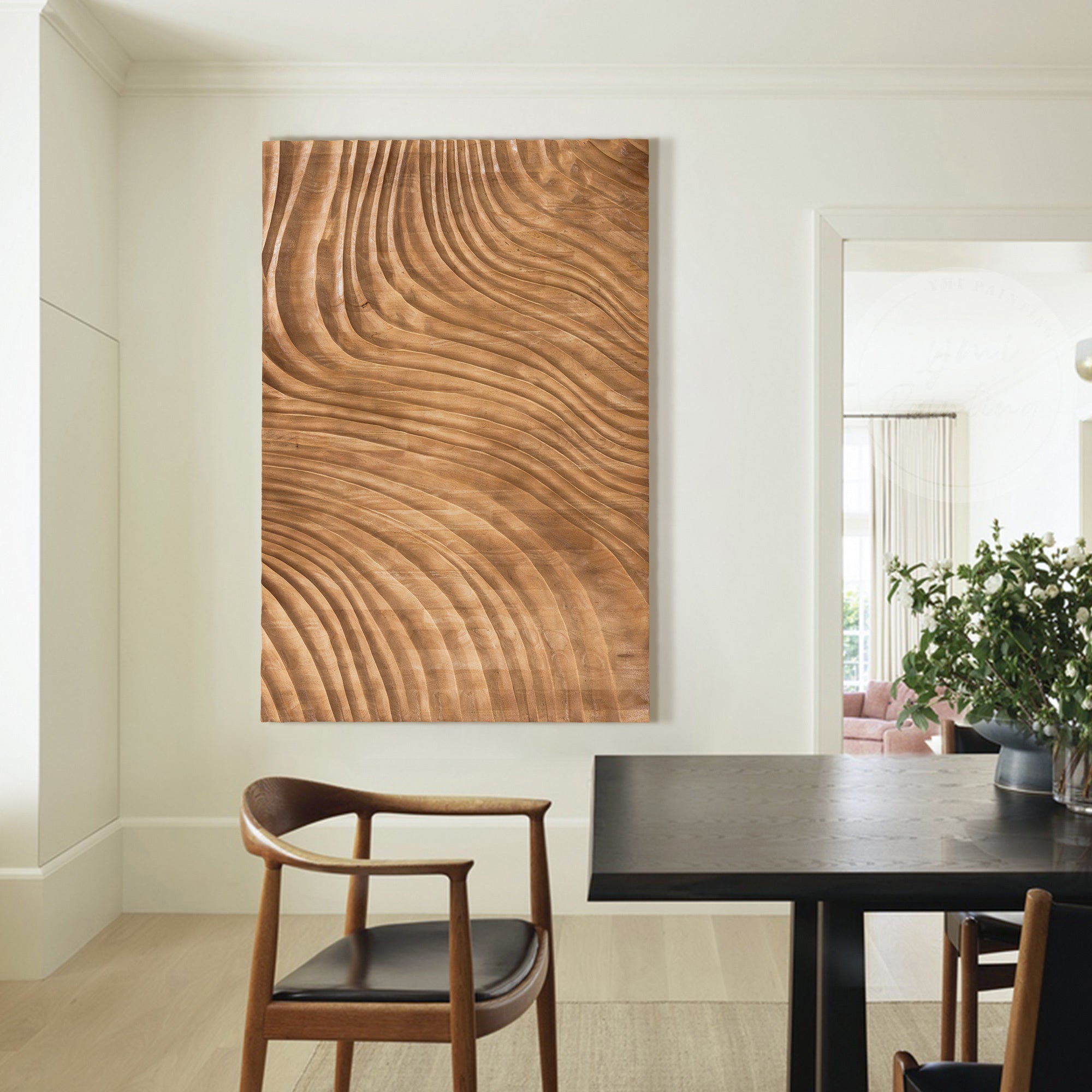 Reclaimed wood wall art carved with smooth flowing lines