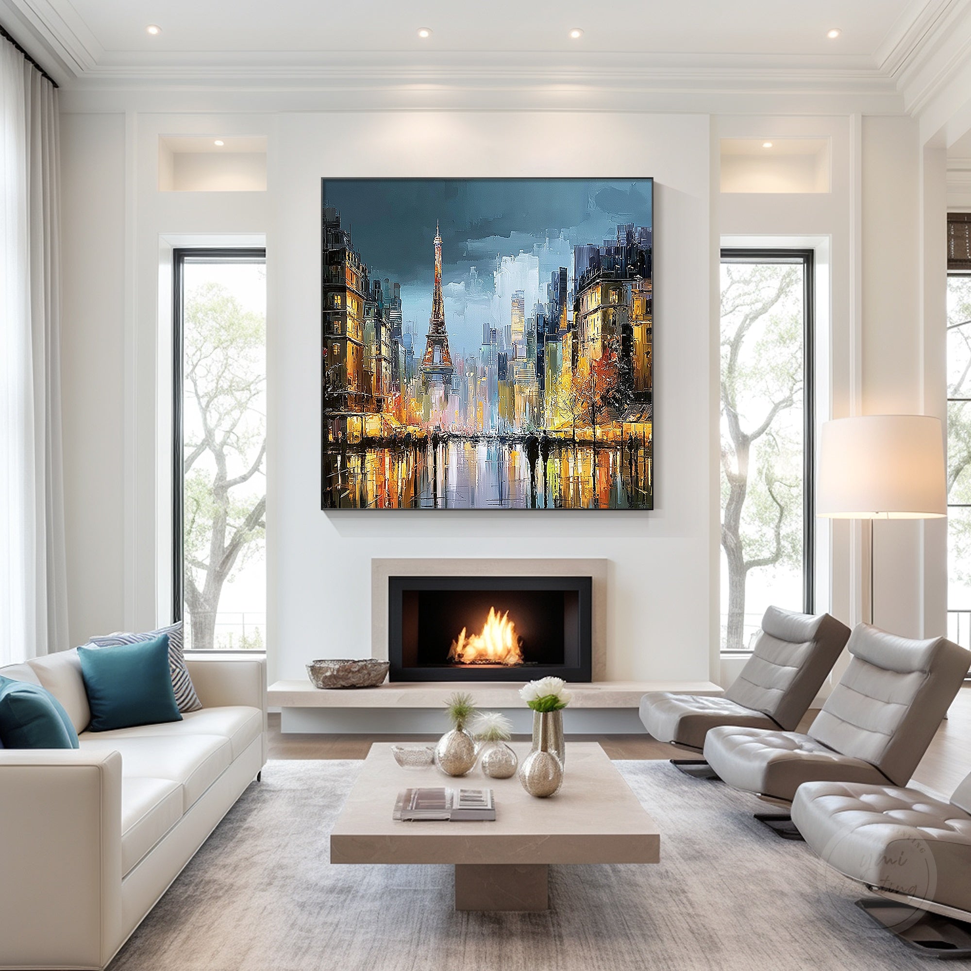 Eiffel Tower urban landscape painting with reflections