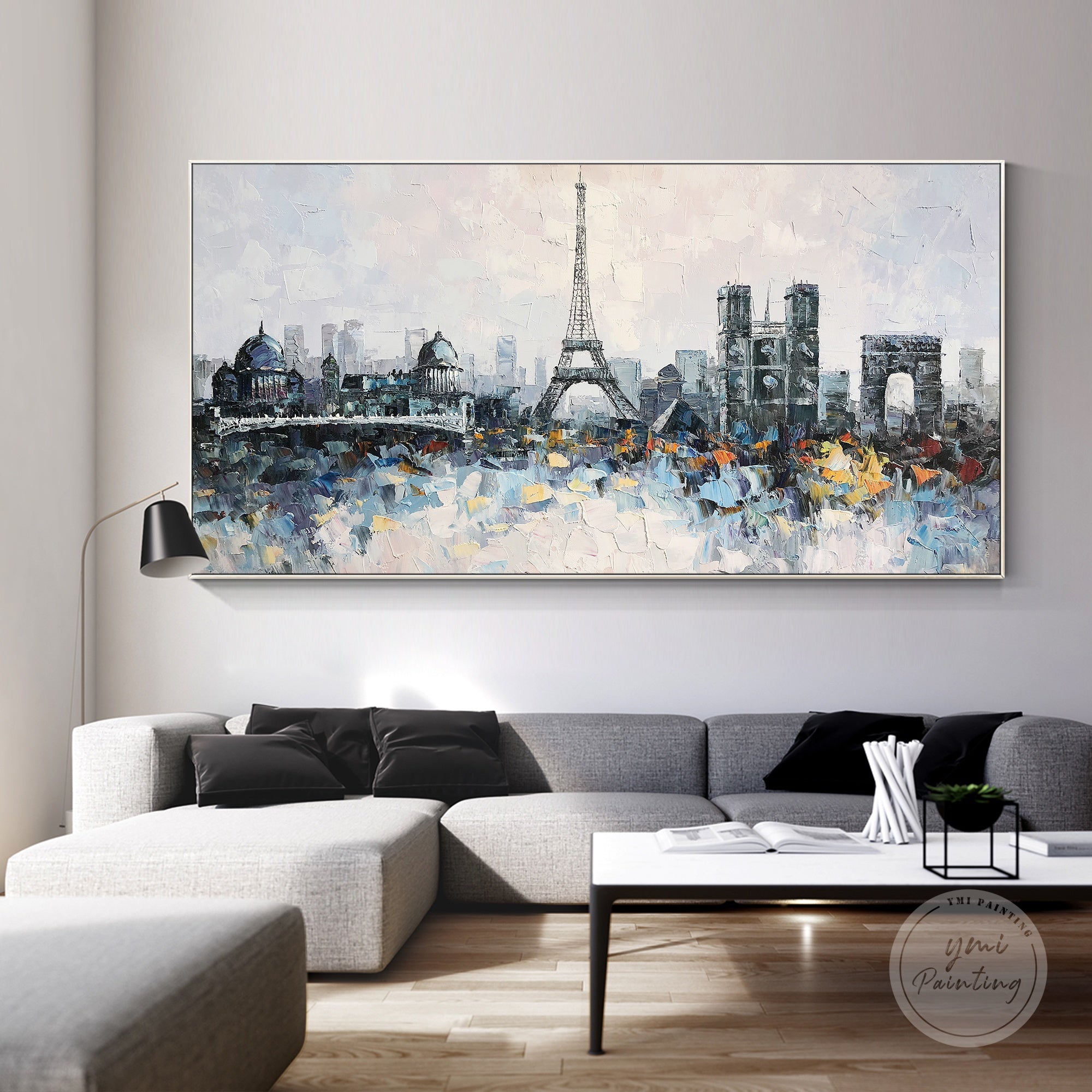 Hand-painted Paris cityscape artwork featuring the iconic Eiffel Tower, with rich texture and vibrant colors.