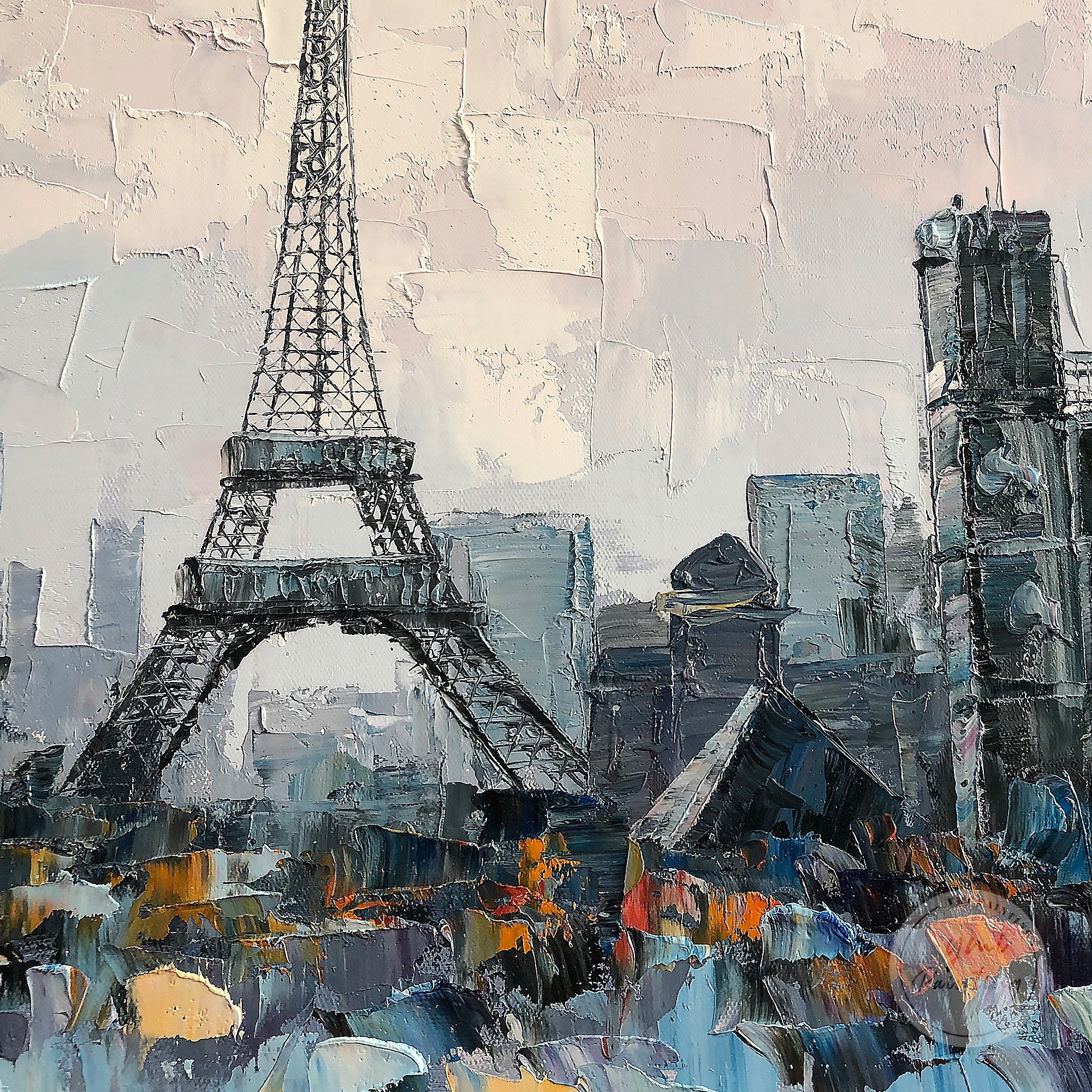 Heavy texture Paris cityscape painting featuring the Eiffel Tower, perfect for modern and classic interiors.