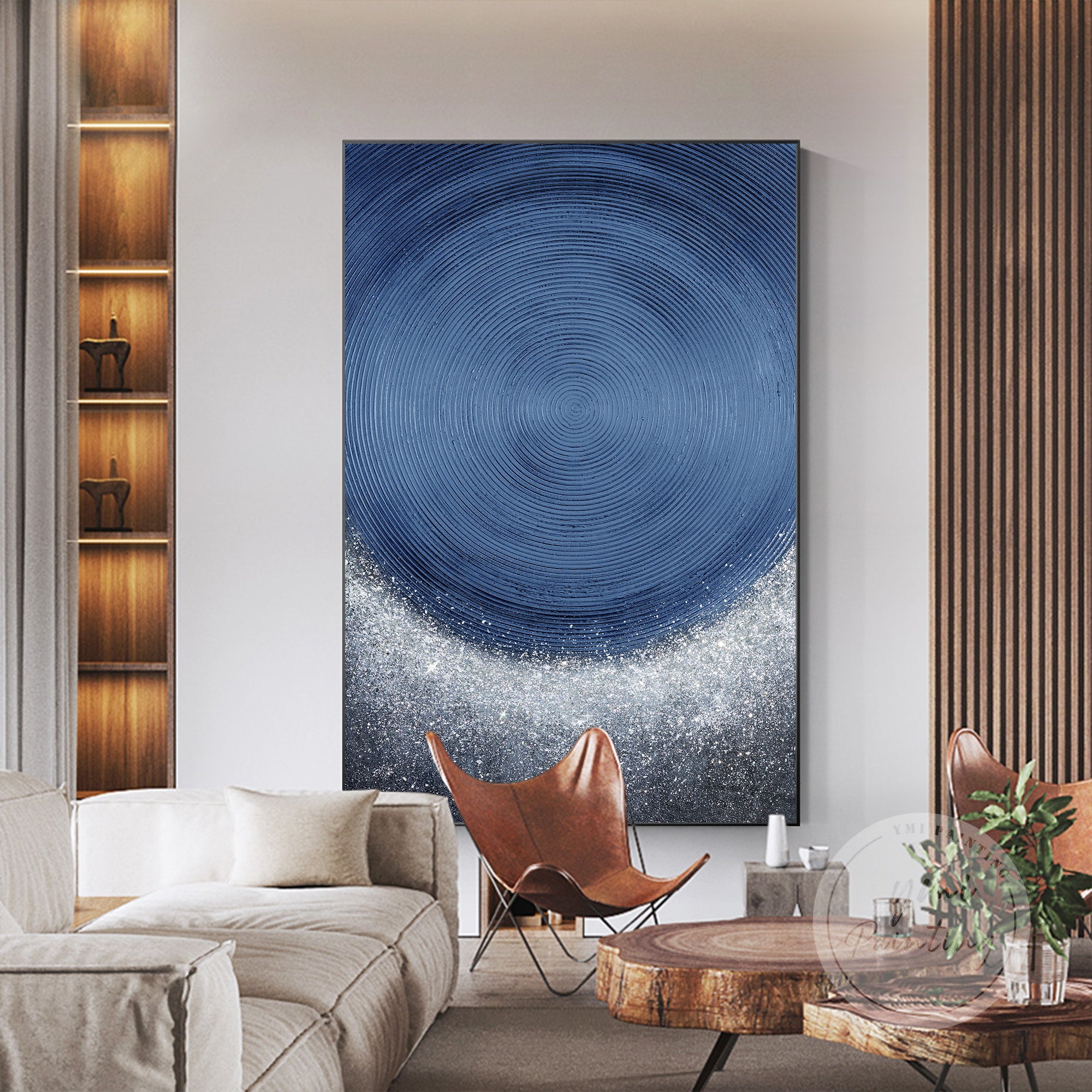 Modern blue circle abstract art with hand-drawn lines and glitter