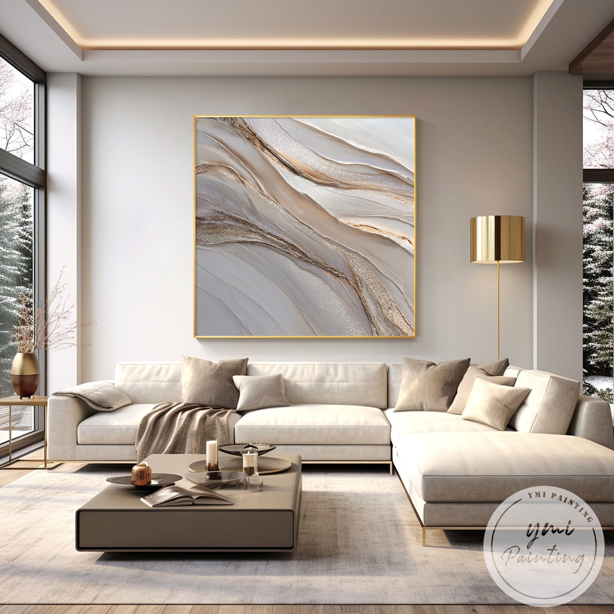 Beige and gold textured wall art in Scandinavian minimalist living room interior design