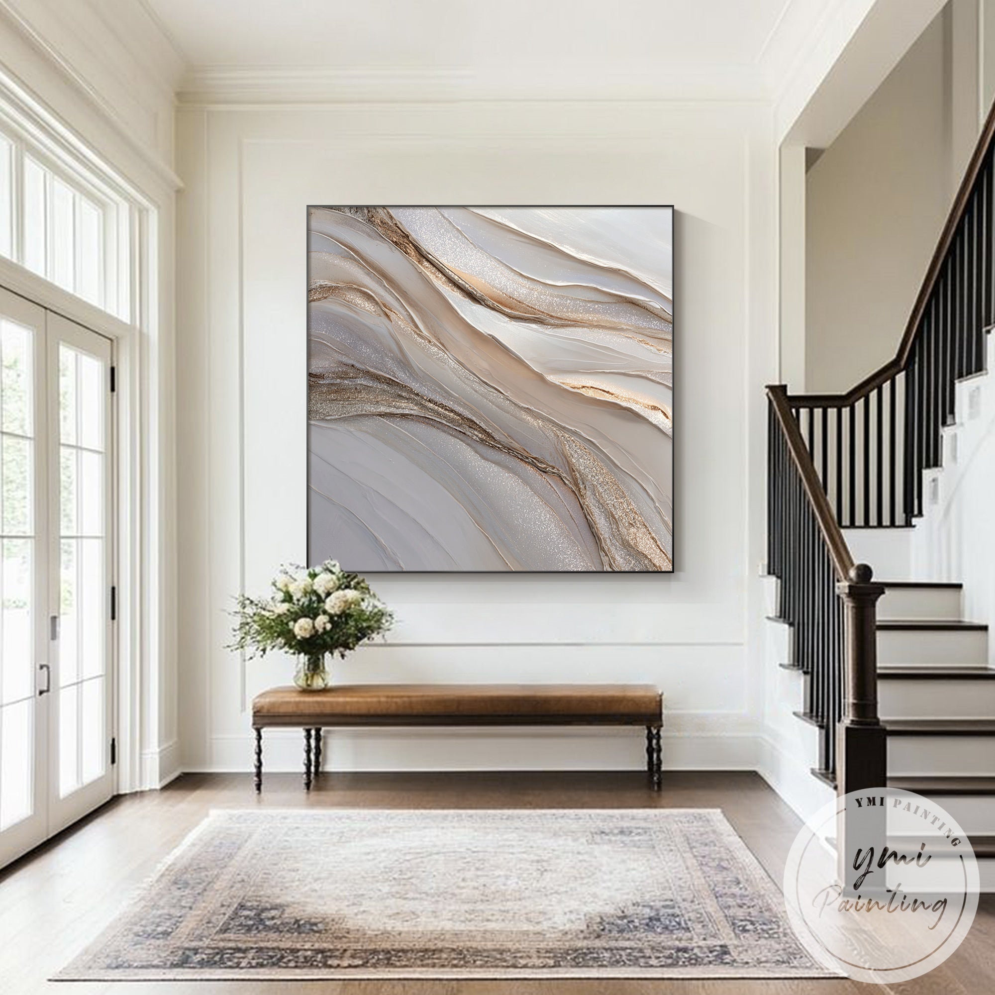 Modern abstract wave wall art in minimalist apartment living room decor