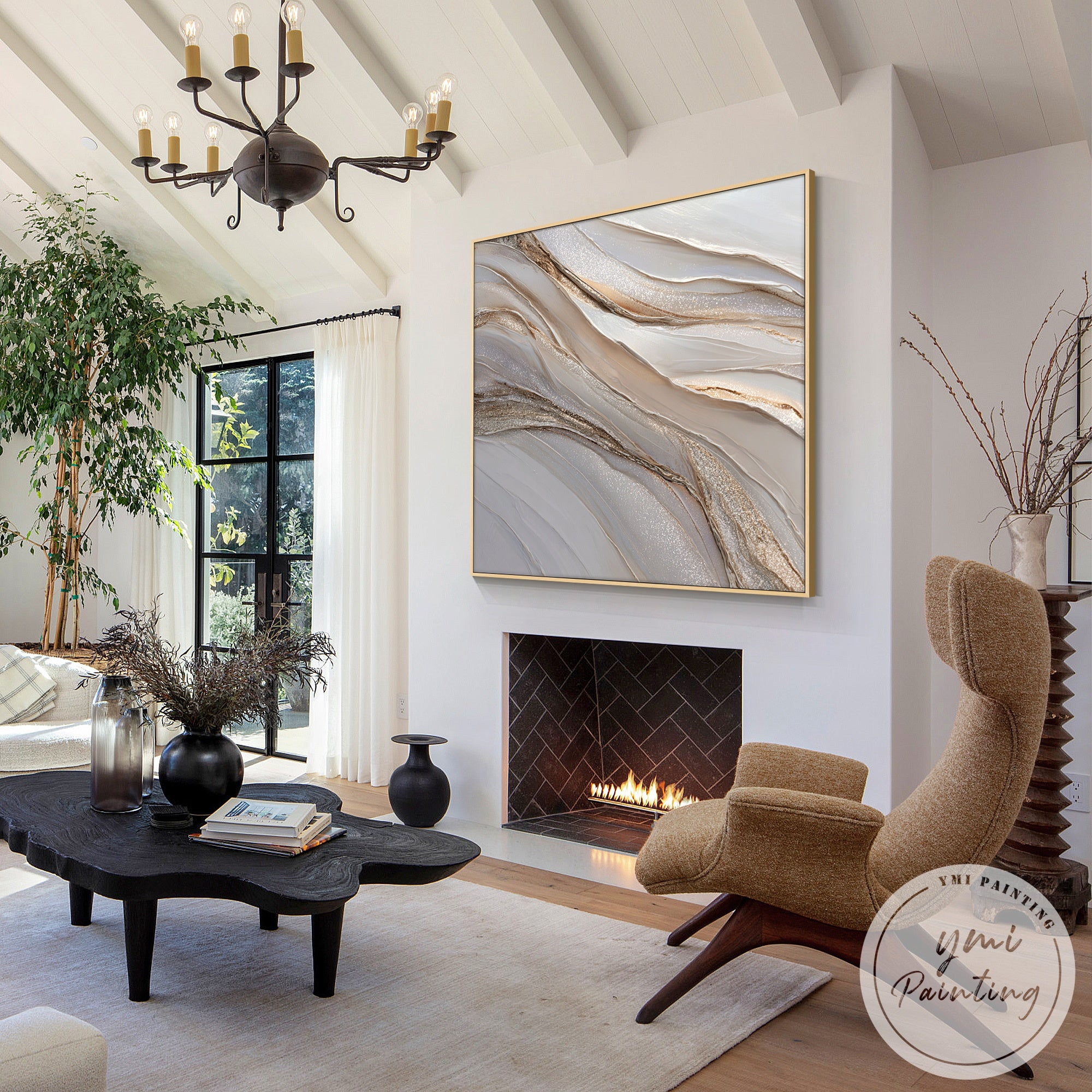 Soft beige and grey textured painting in elegant office interior space design